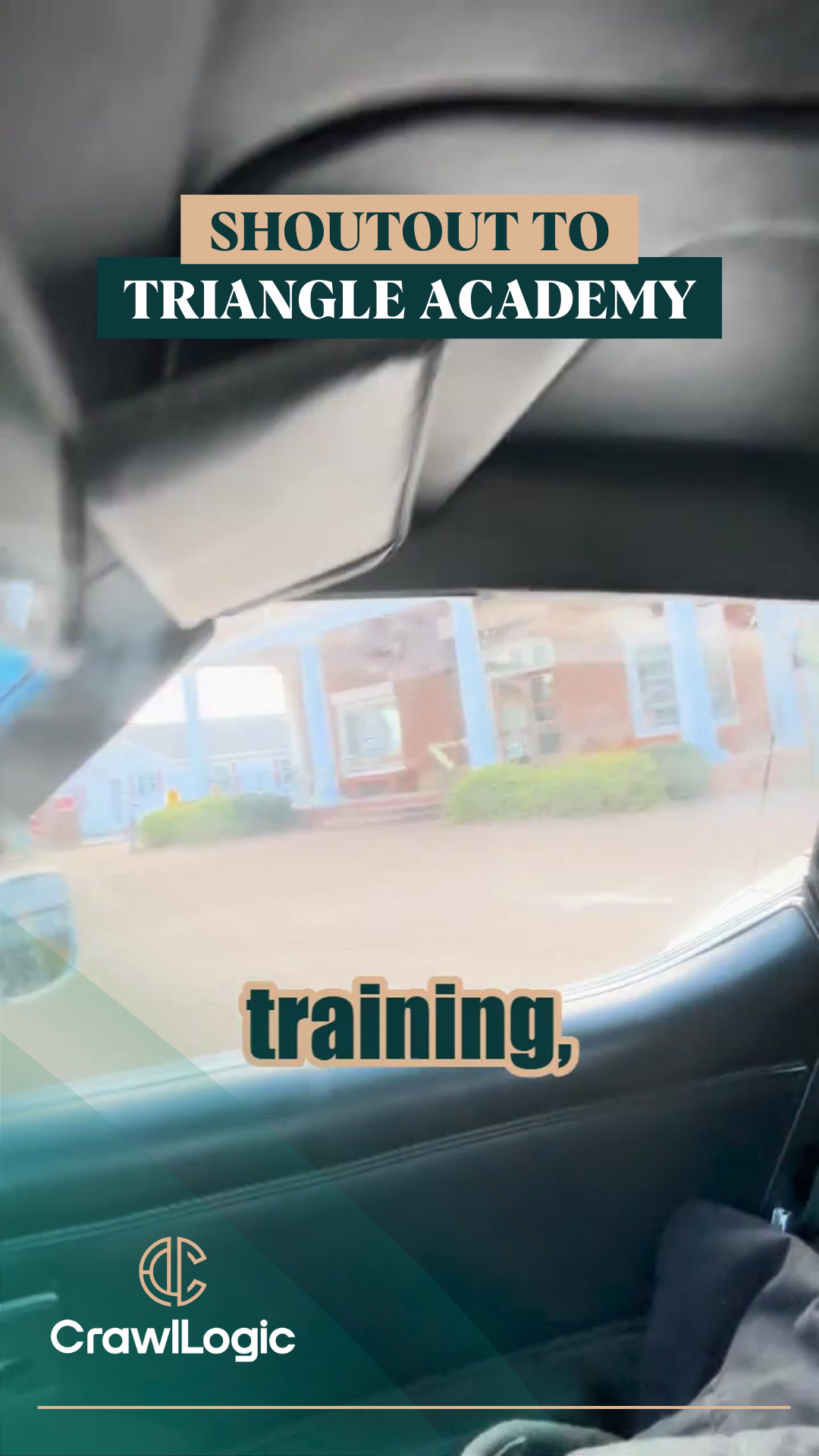 View from car window: Text overlay