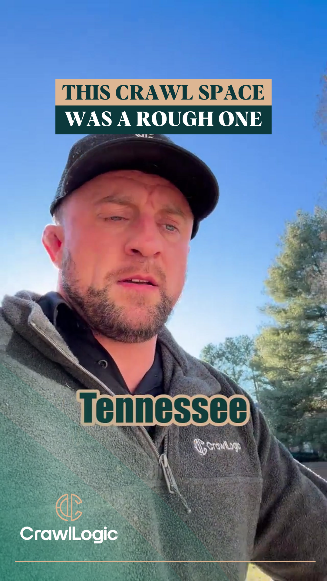 Man outside in Tennessee talking about a crawl space. Text on image: 