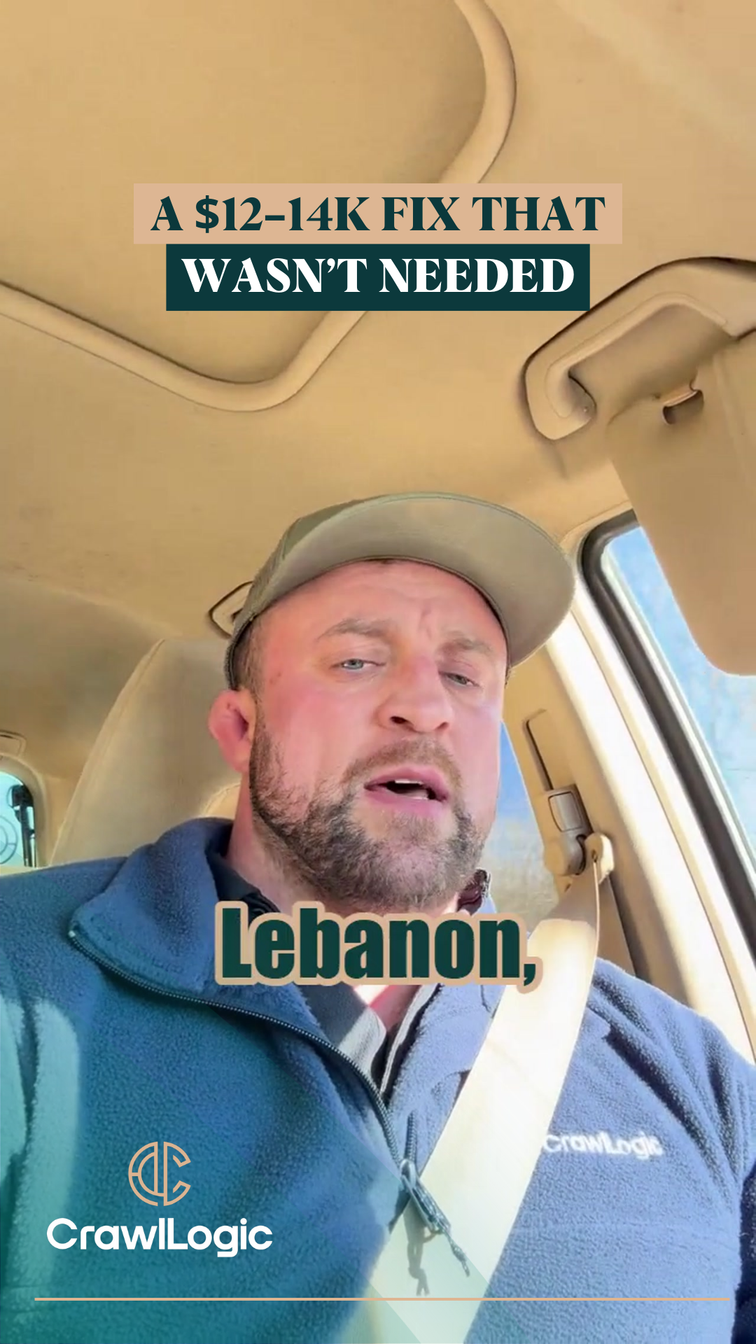 Man in a car, speaking. Text: 