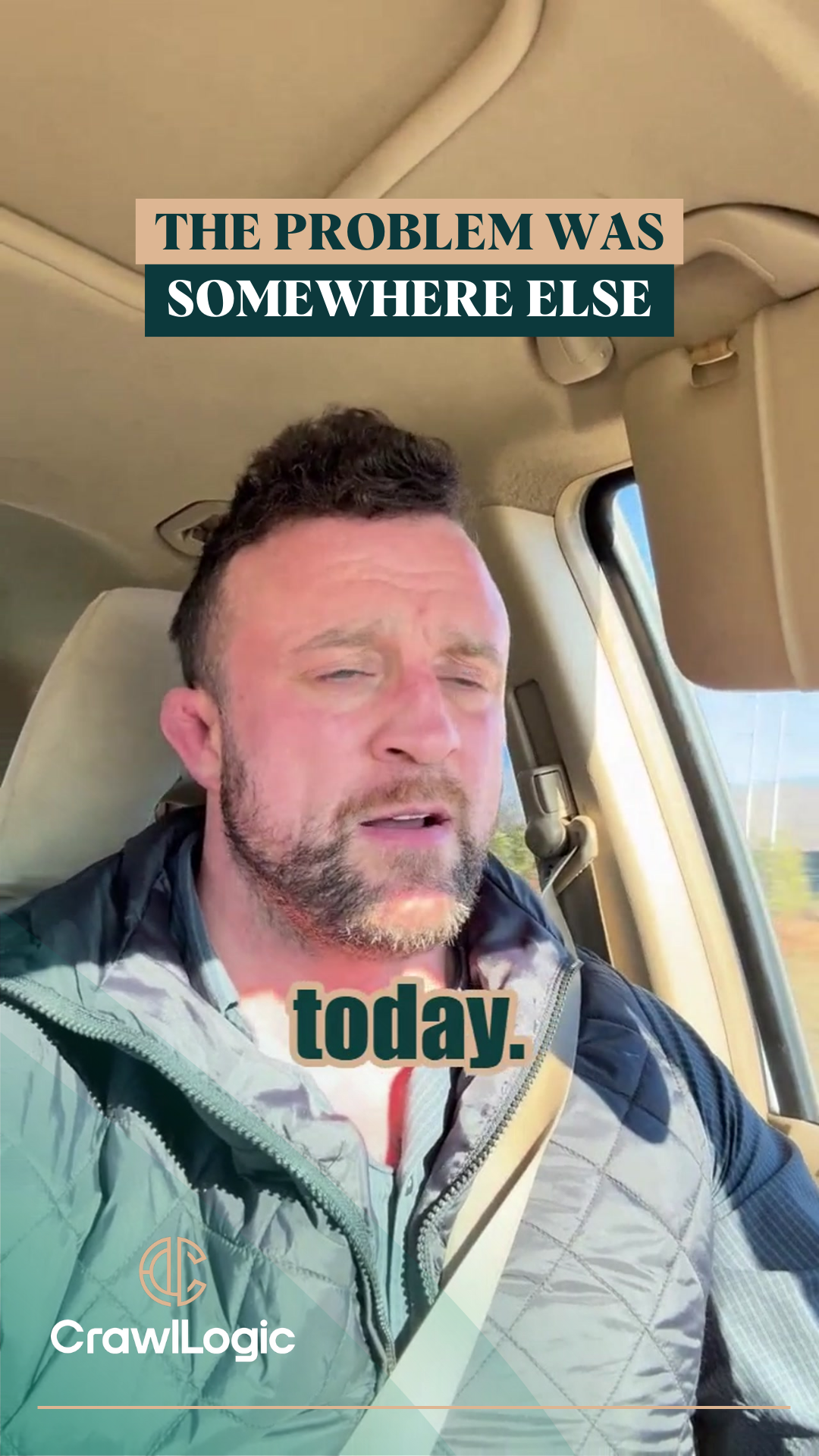 Man in car looking toward the camera, text: 