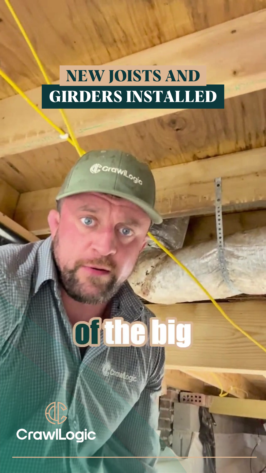 Man in green hat and shirt, looking at camera in crawlspace. Text: 