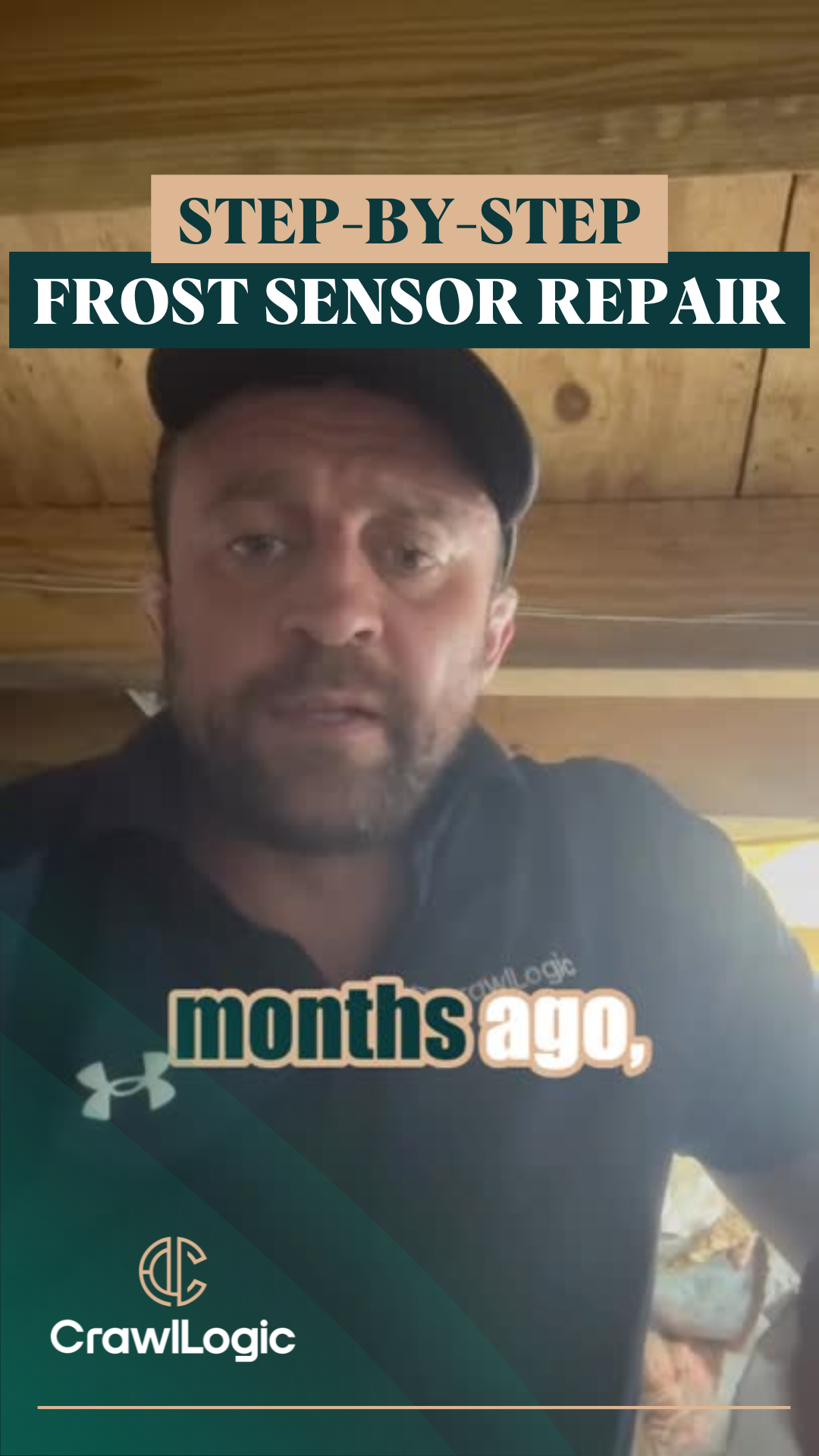 Man in cap talking about frost sensor repair, with text overlay 
