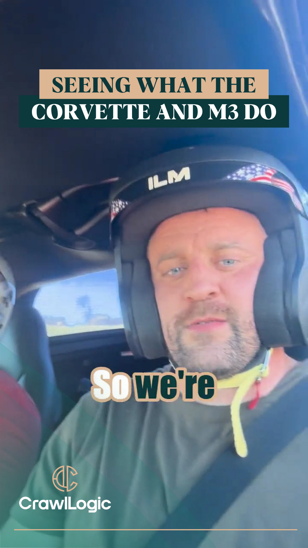 Man in helmet inside car, looking forward. Text reads
