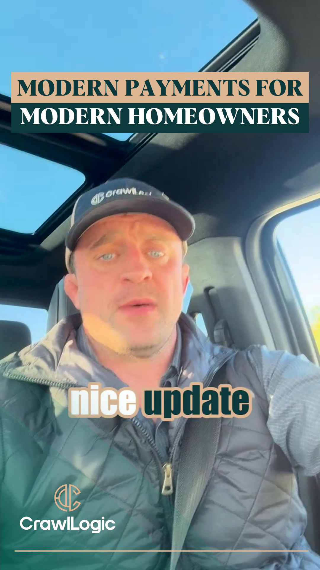 Man in cap speaks from car, text overlay: