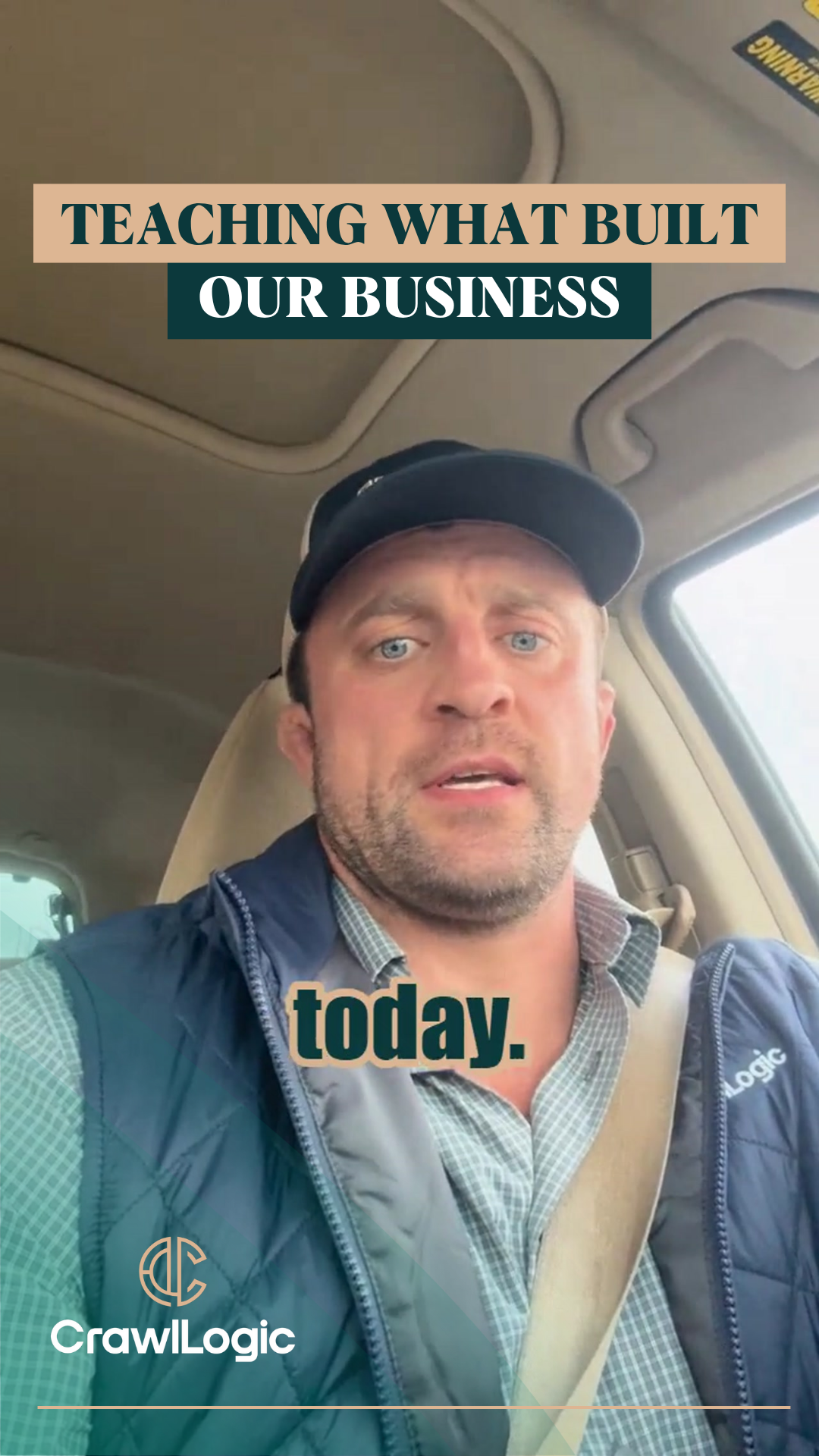 Man in a car, wearing a cap and vest, speaking. Text: