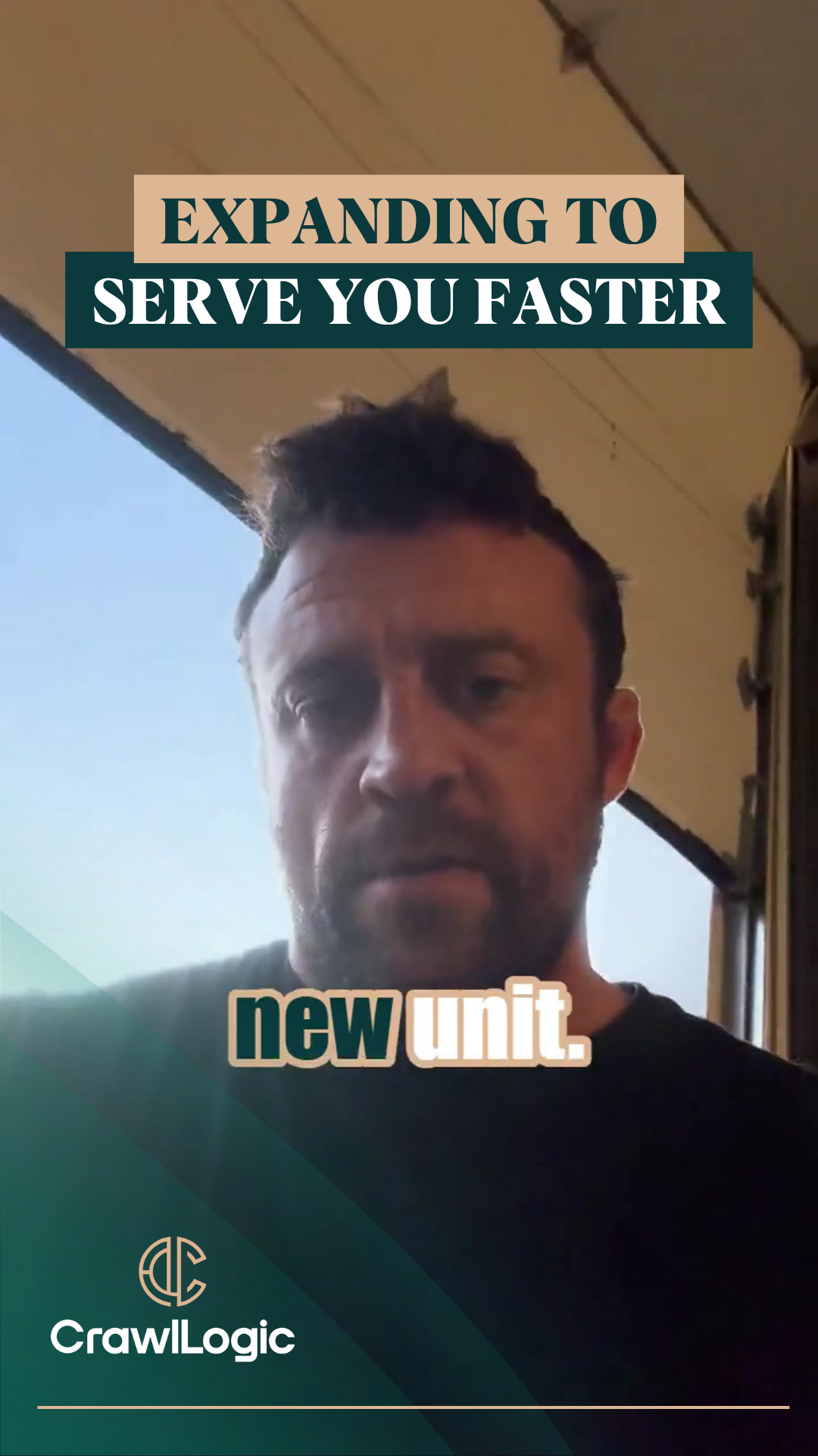 Man in front of an open garage door; text states 