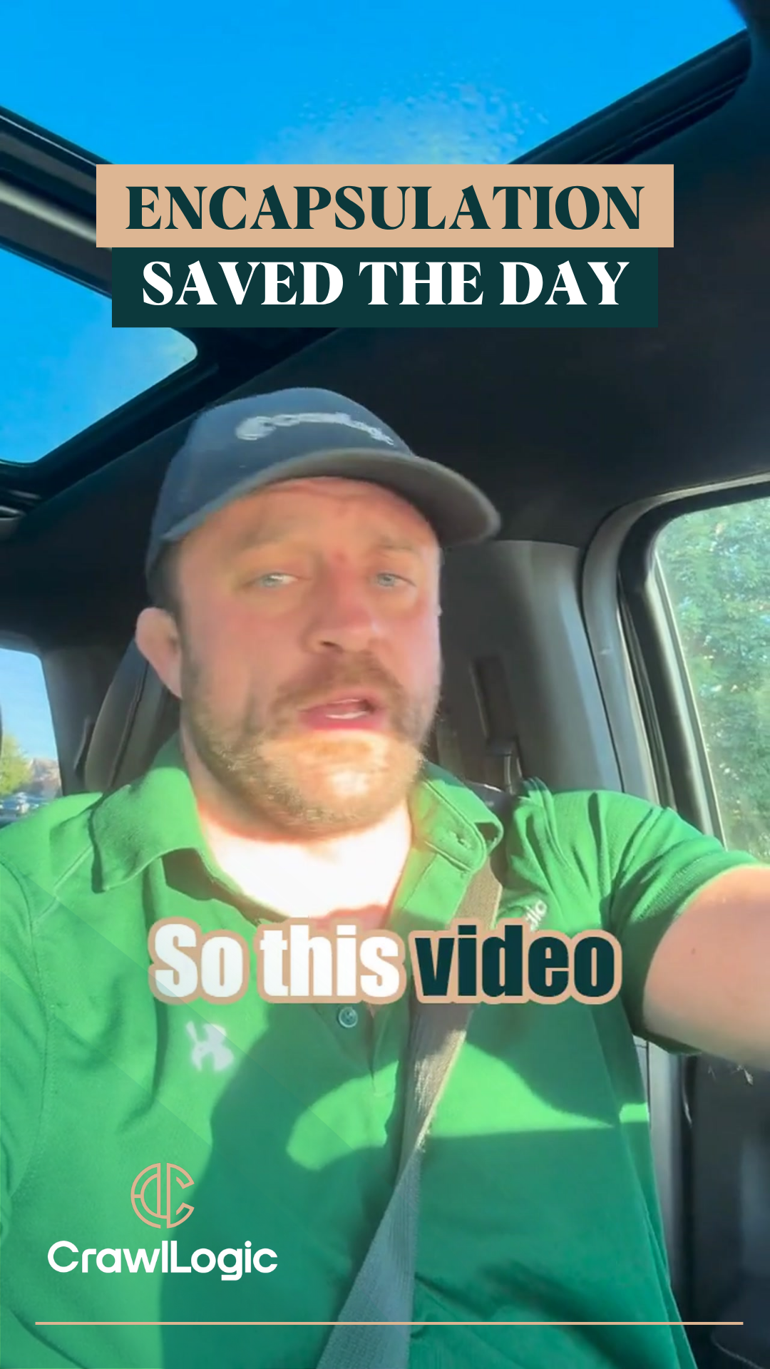 Man in a green shirt and cap speaking inside a car, with 