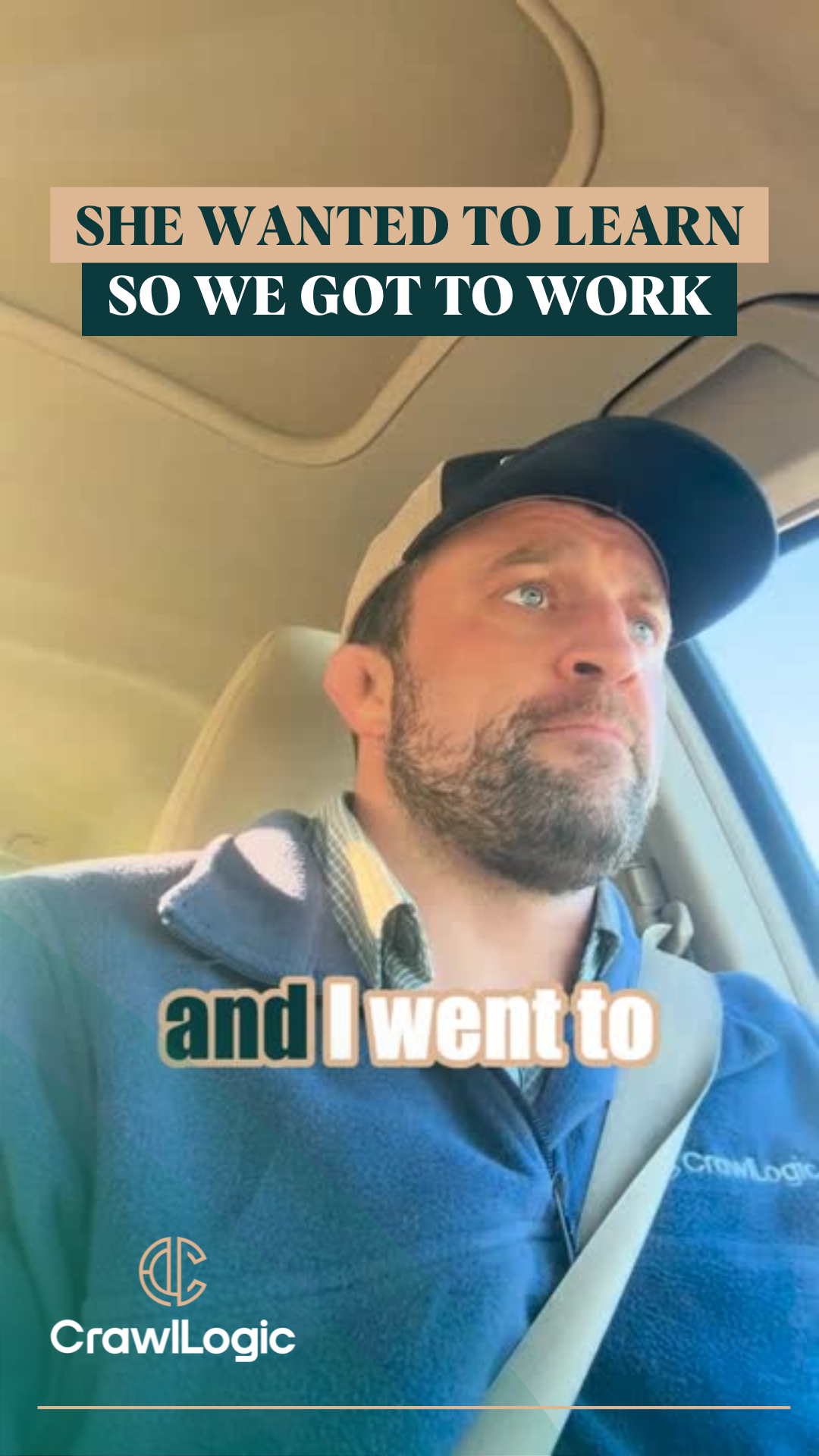 Man driving, looking up; text over: