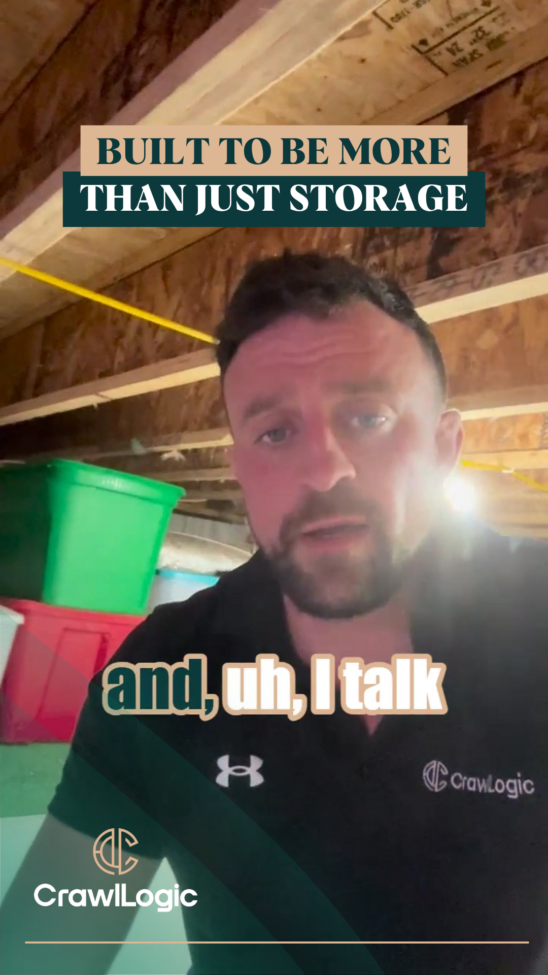 Man in attic speaks, text overlay reads: 