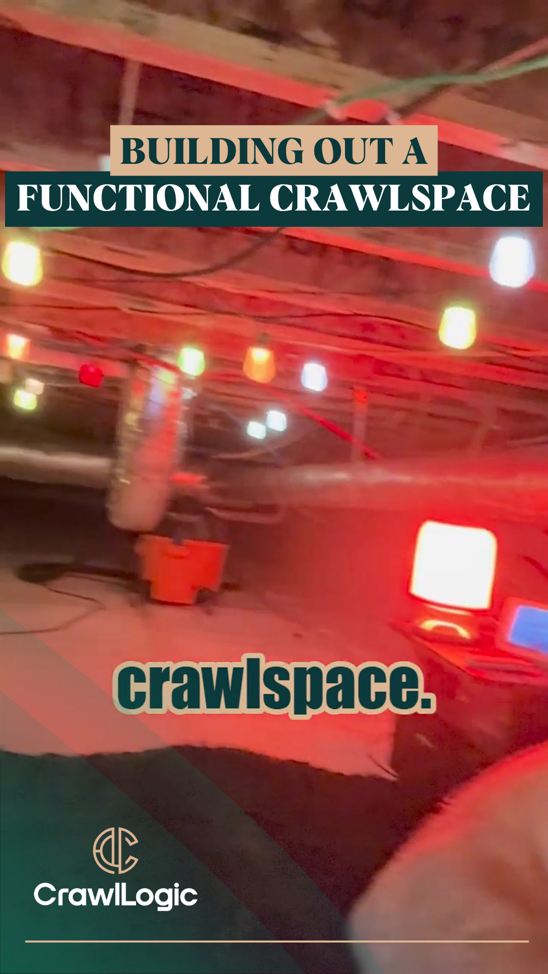 Crawlspace with string lights. A person is building out the crawlspace. Lights are red and white.
