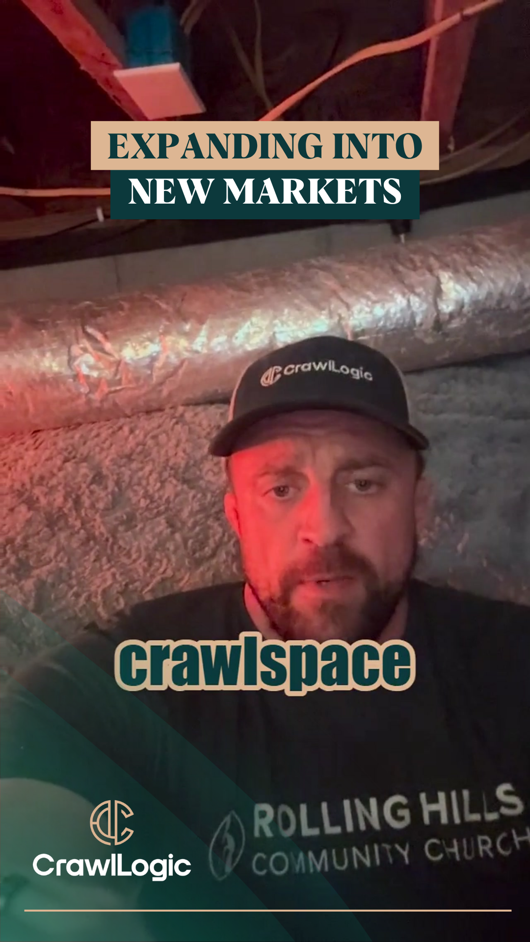 Man in cap in a crawlspace. Text: 