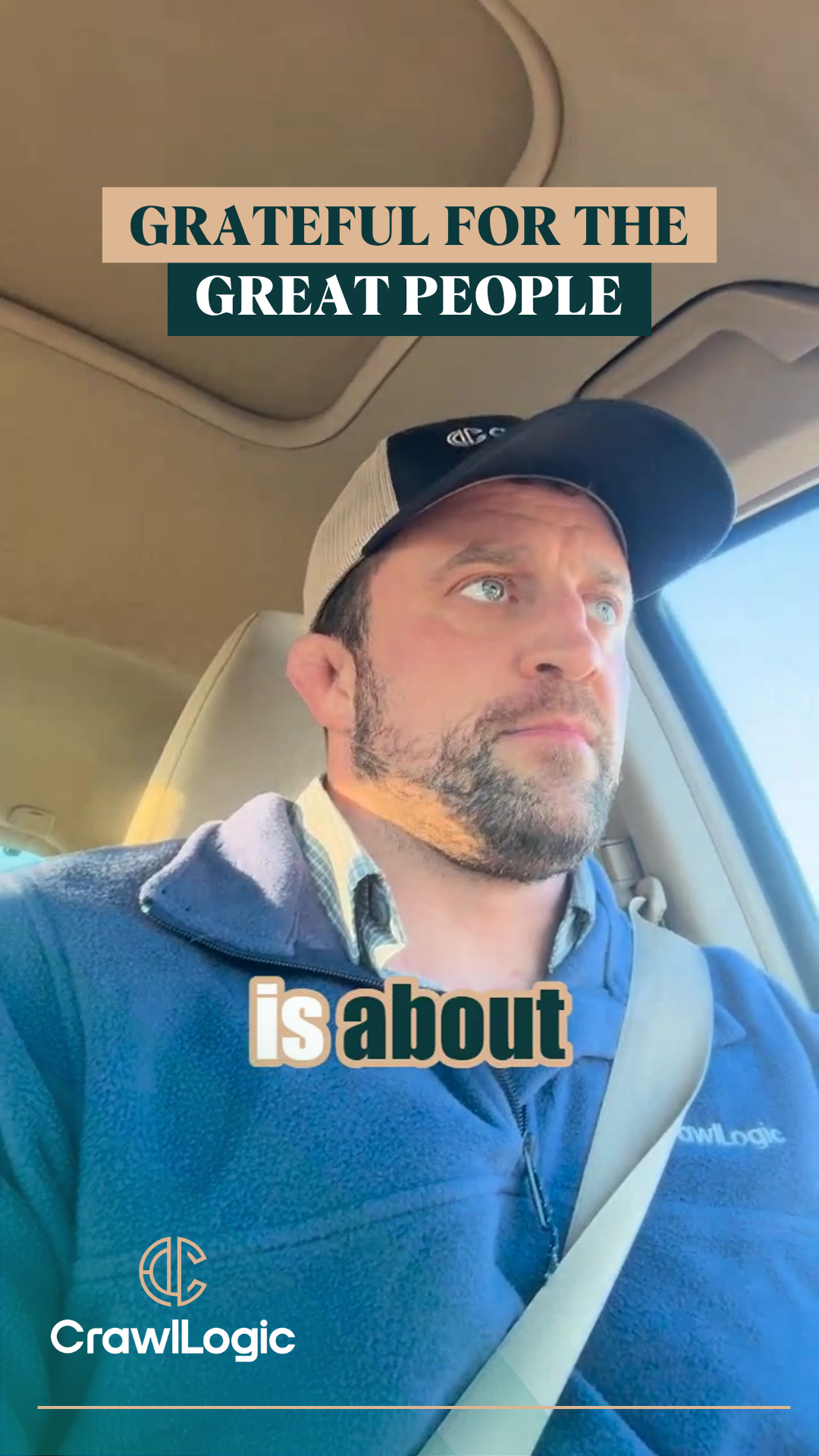 Man in a baseball cap driving, text overlay: