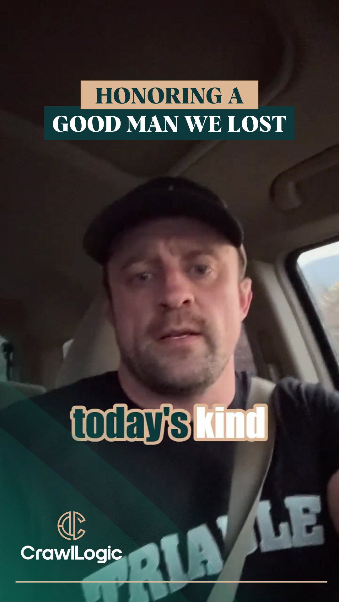 Man in car speaks to camera; text overlay: