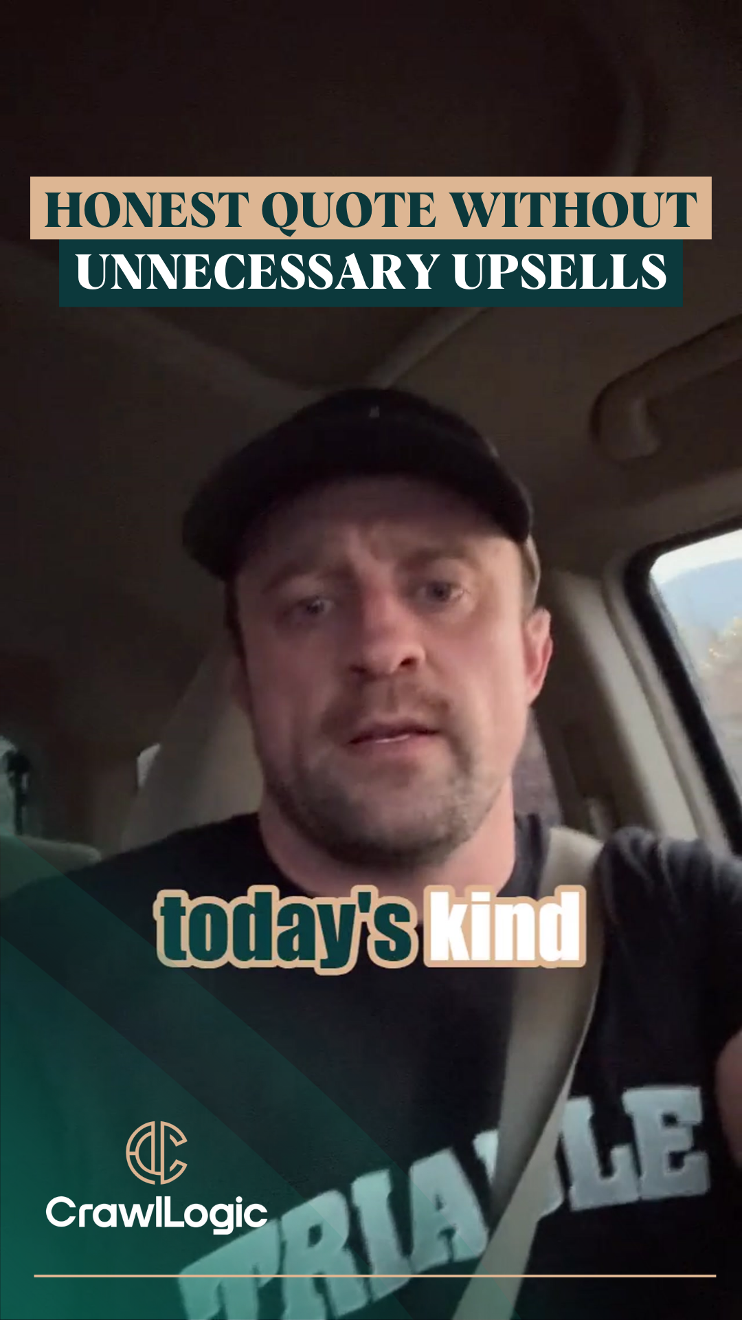 Man in a car, speaking. Text: