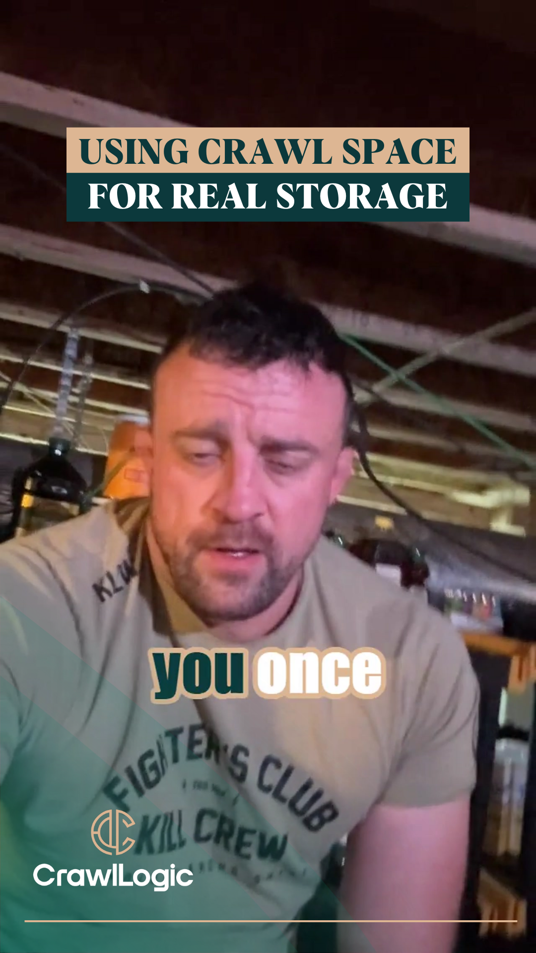 Man in a crawl space, talking. Text: