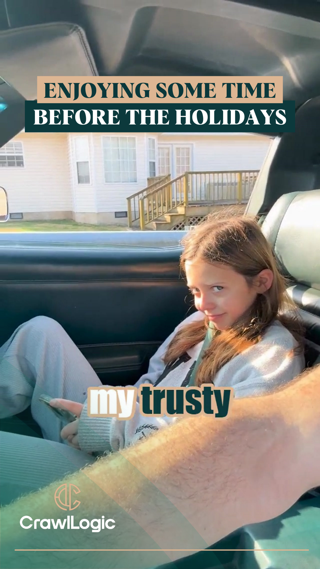 A person sits in a car, looking at the camera. Text says 