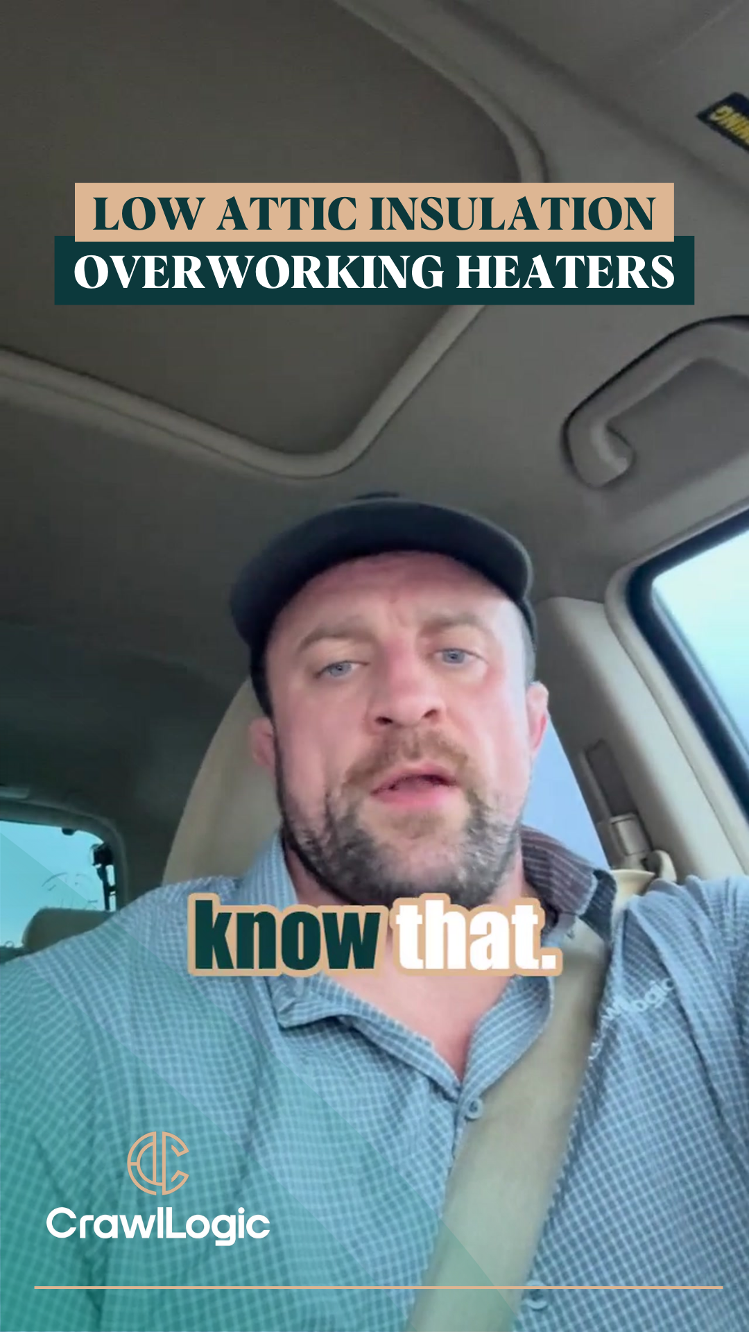 Man in a car, discussing low attic insulation. Text: