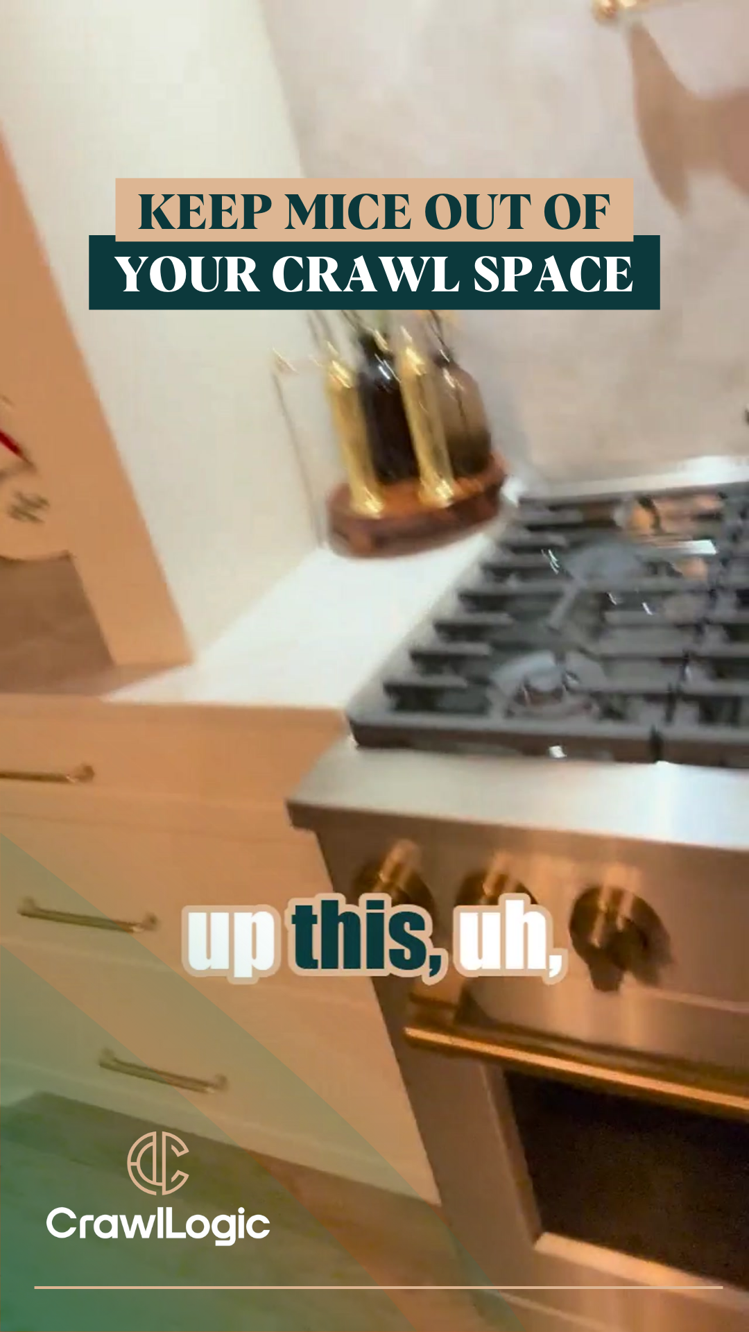 A kitchen with a stove and text that reads