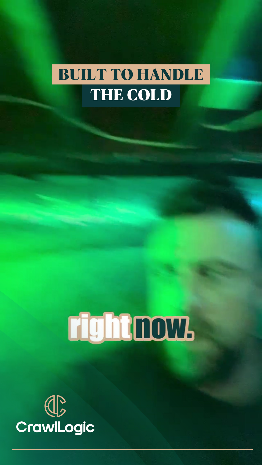 Man in green light, text 