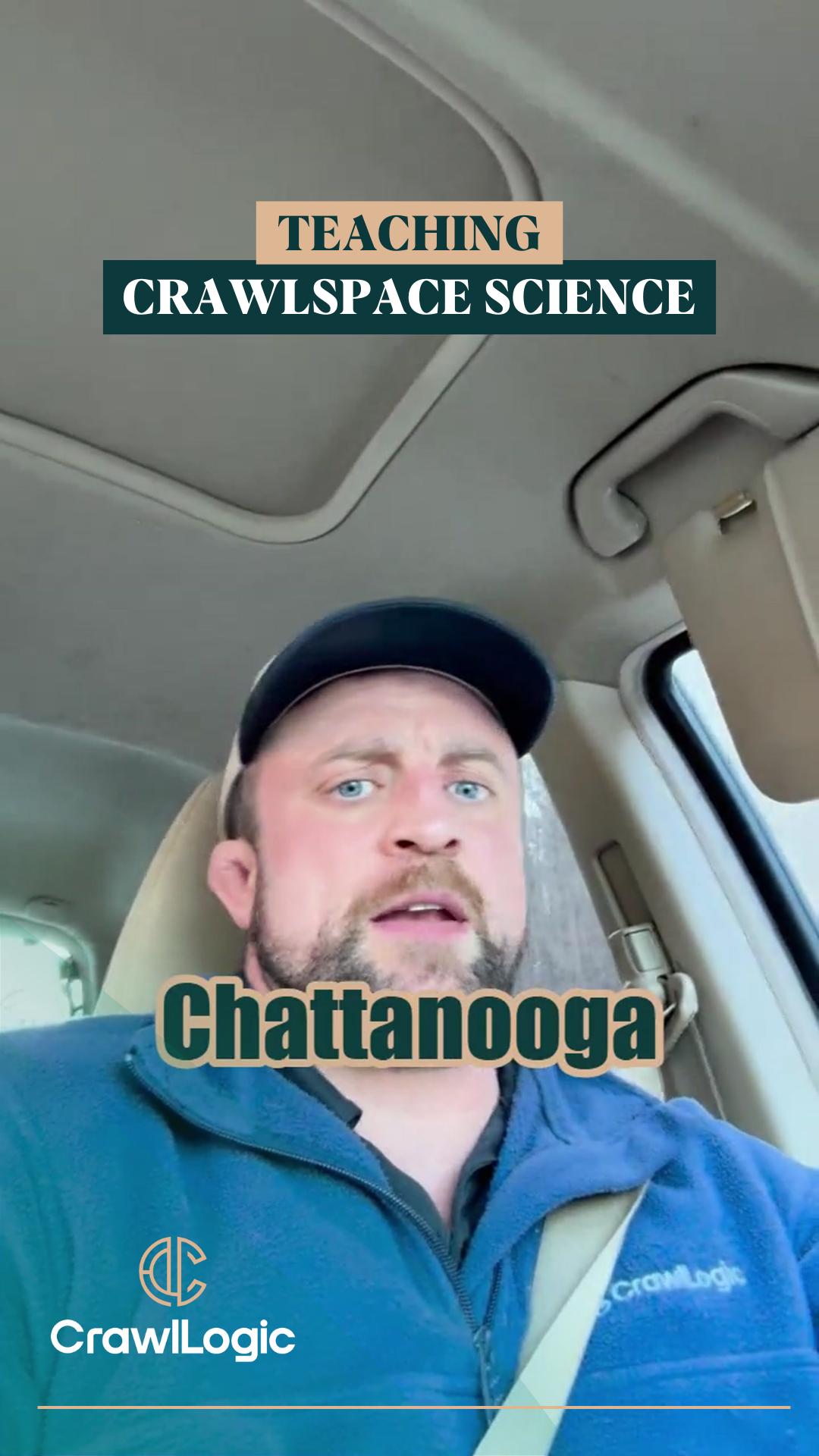 Man in car; text overlay reads 