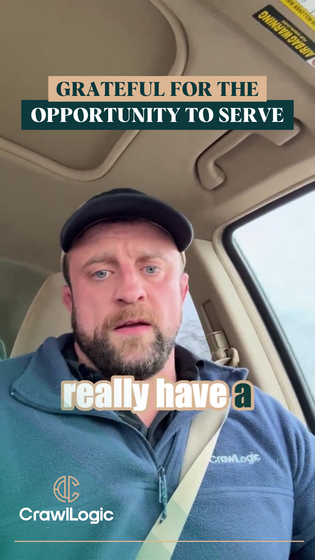 Man in car, speaking. Text: 