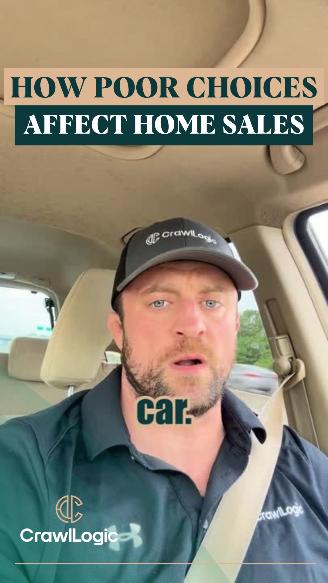 A man is sitting in the back seat of a car talking about how poor choices affect home sales.