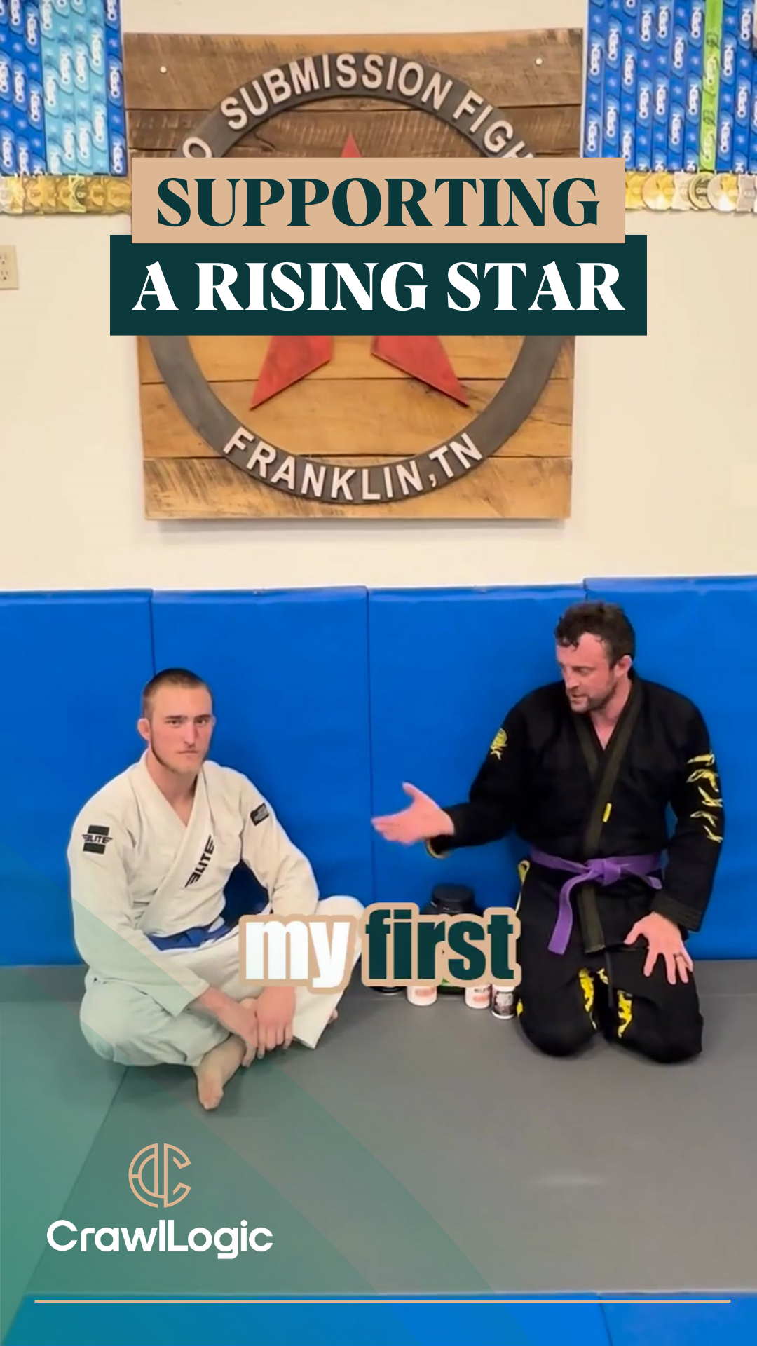 Two men are kneeling down in front of a sign that says supporting a rising star.