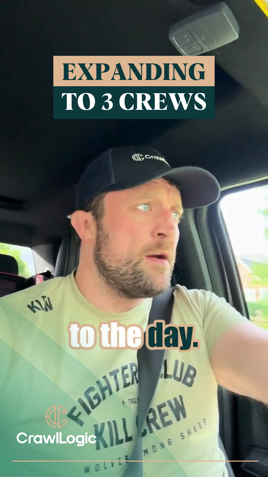 A man is sitting in a car wearing a hat and a green shirt.