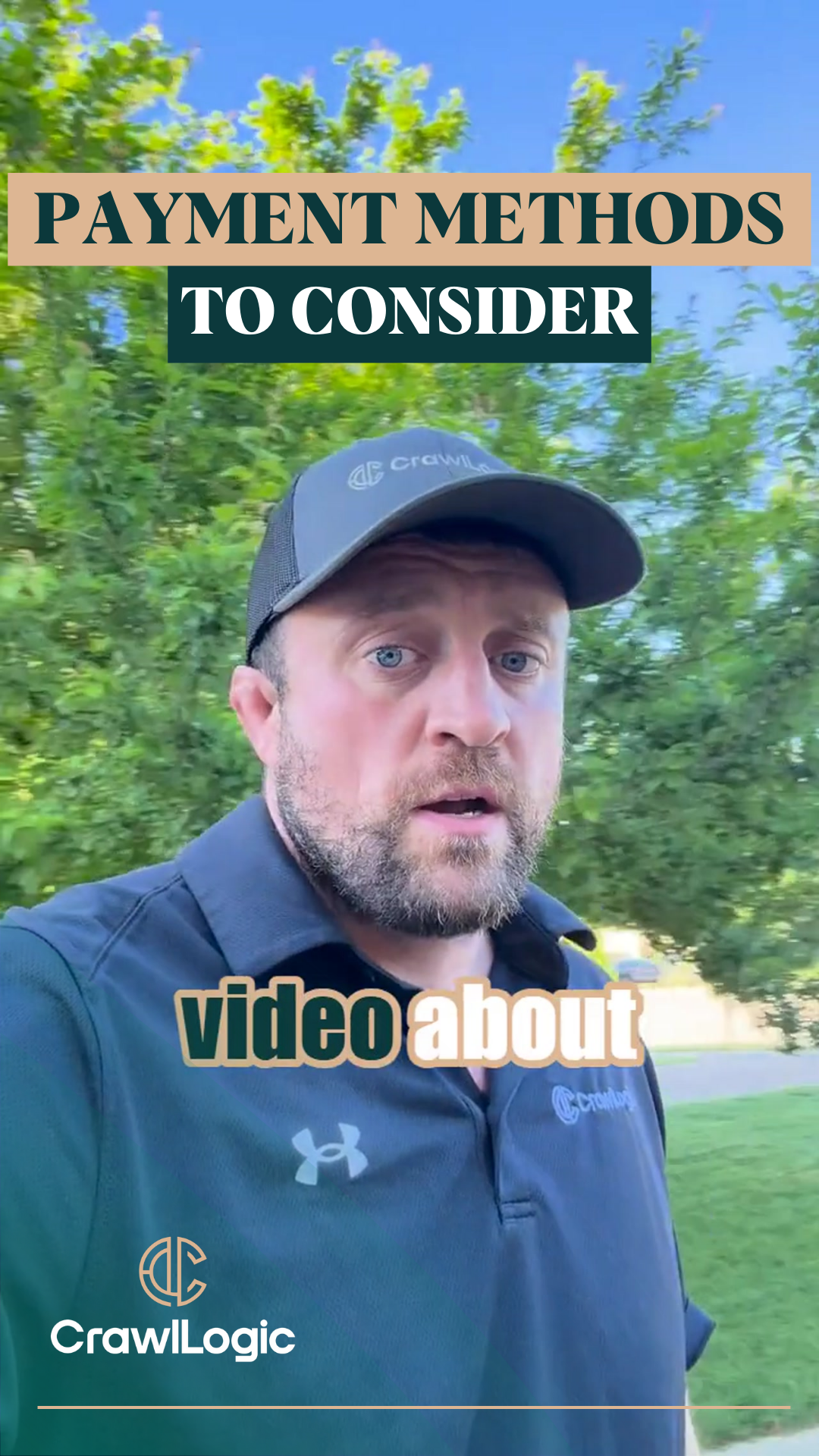 A man wearing a hat and a black shirt is talking about payment methods to consider.