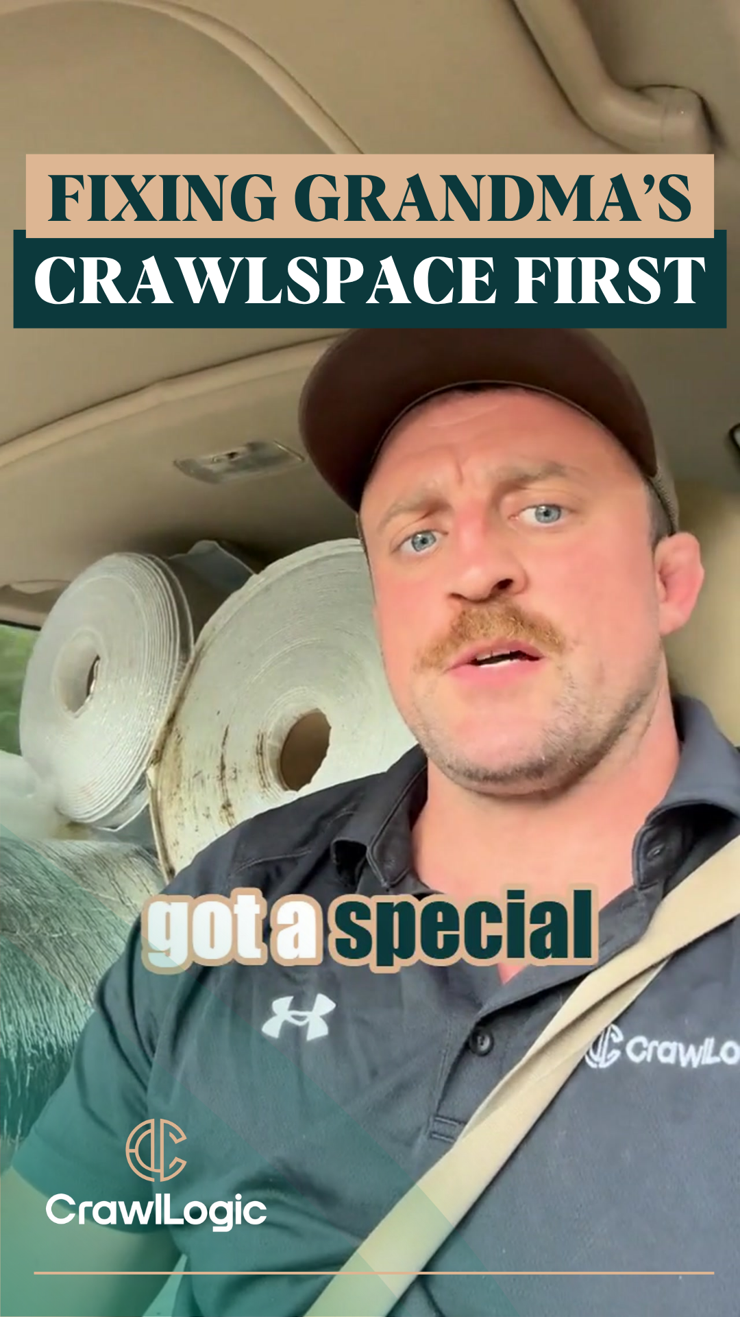 A man with a mustache is sitting in the back seat of a car.