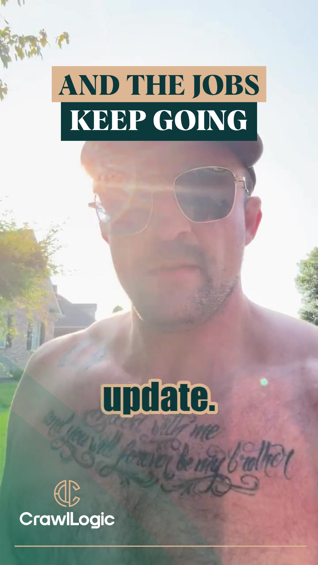 A man without a shirt is wearing sunglasses and a hat.