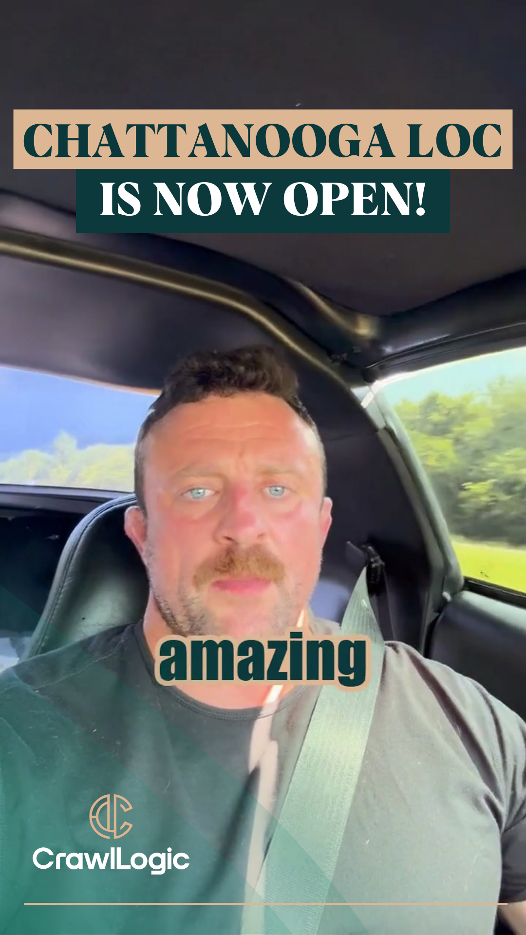 A man with a mustache is sitting in a car.