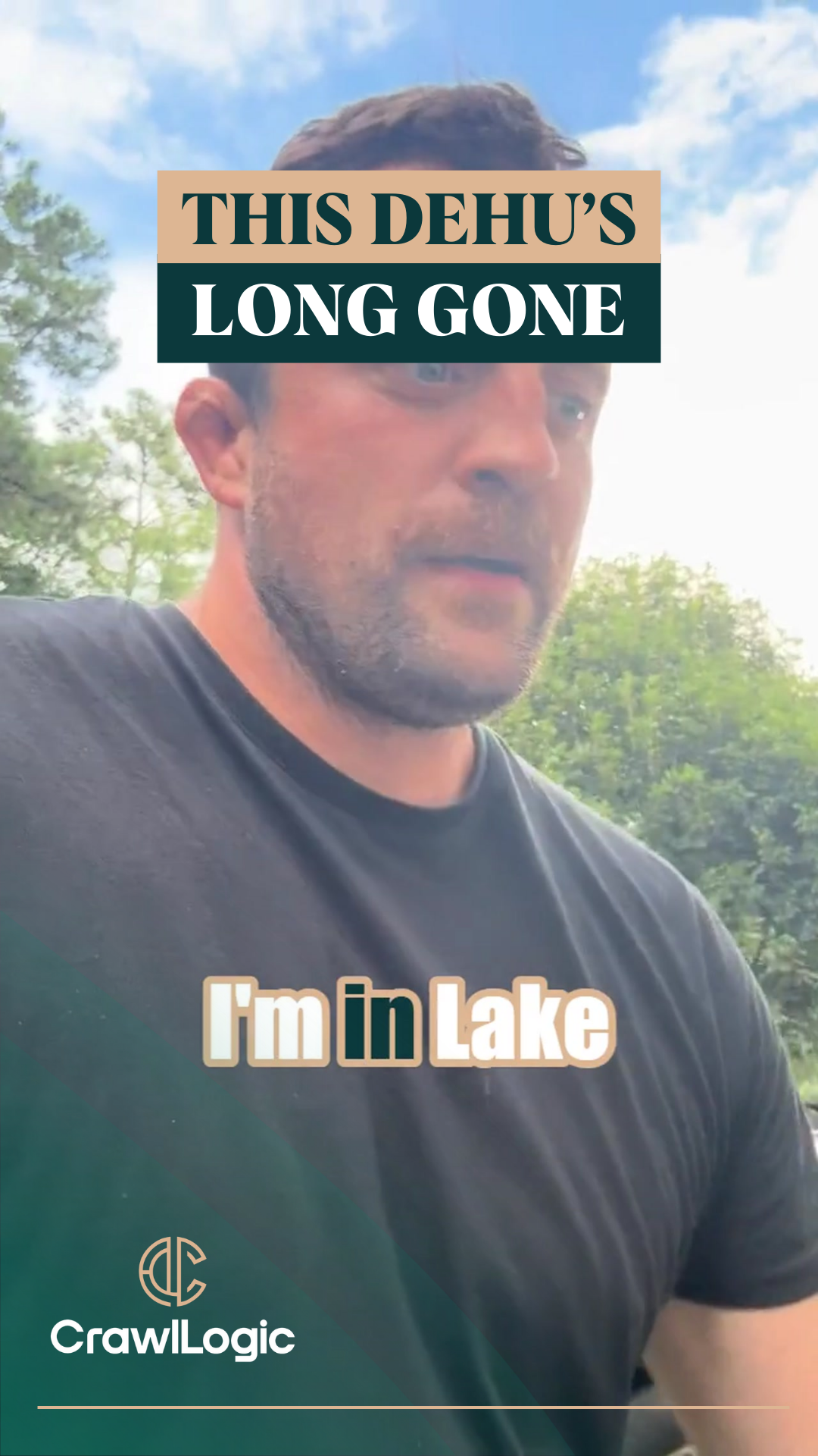 A man is wearing a black shirt that says this dehu 's long gone i 'm in lake