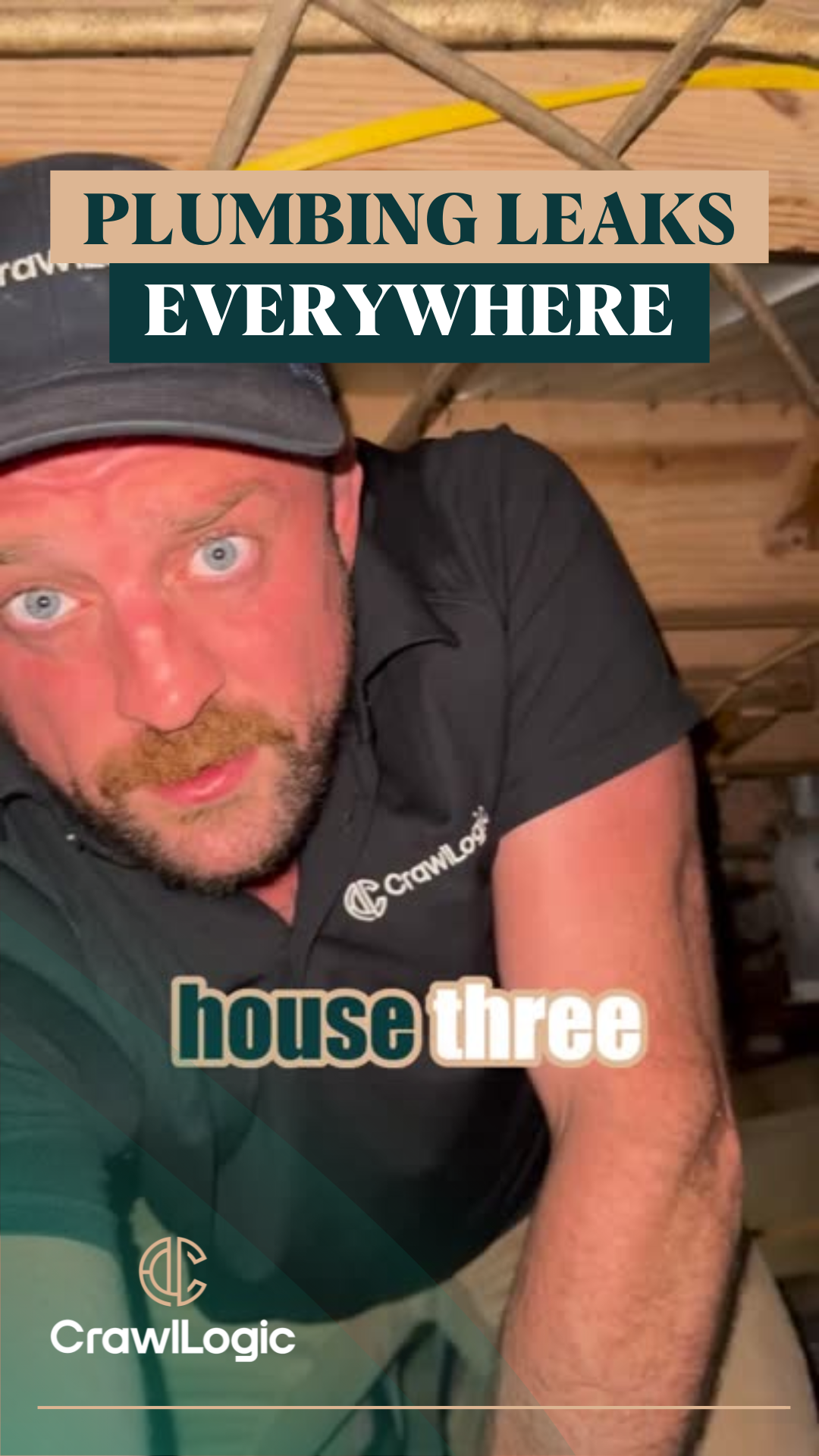 A man wearing a hat and a shirt that says plumbing leaks everywhere house three