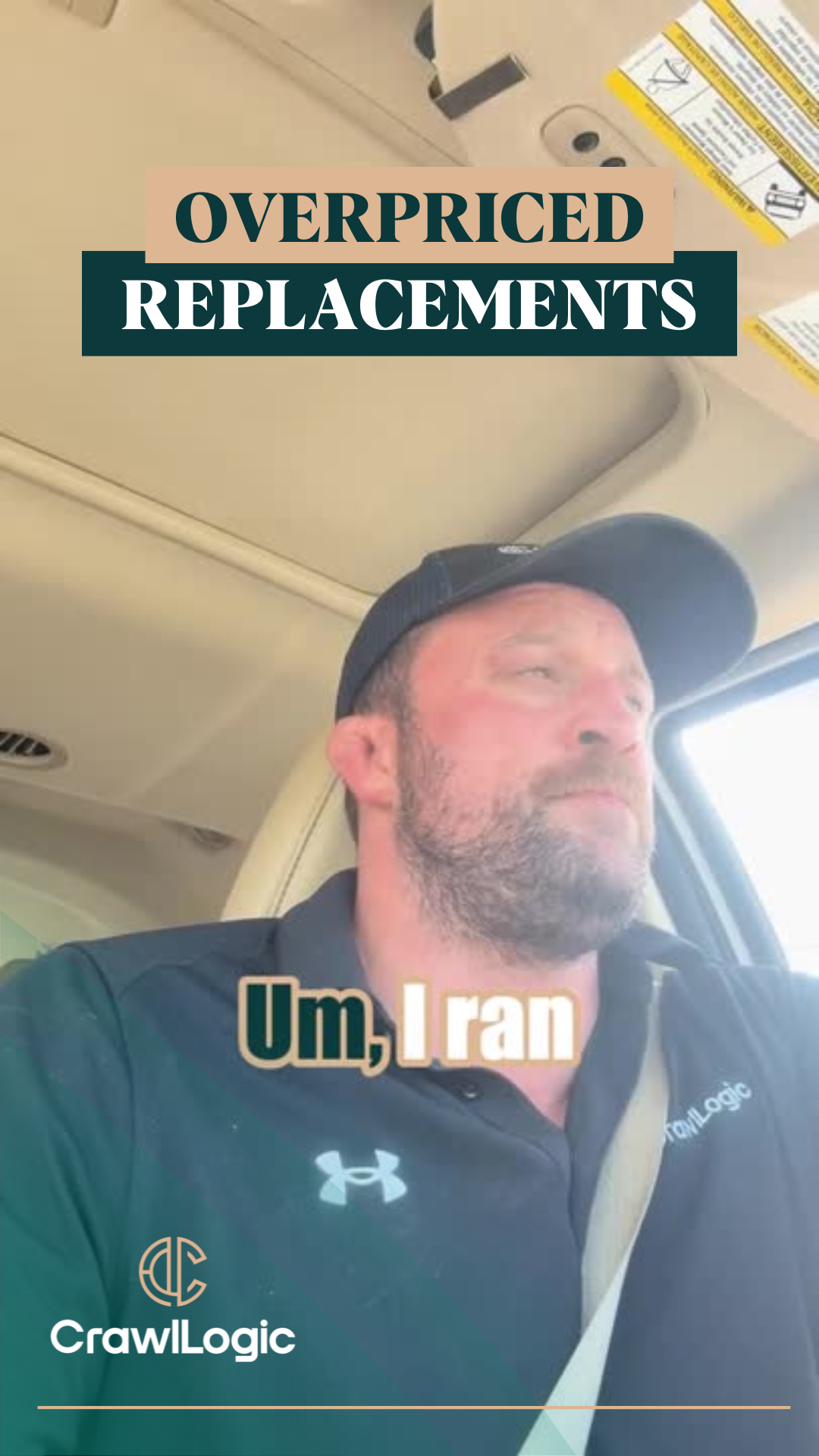 A man in a car looks to the side. Text overlays read 