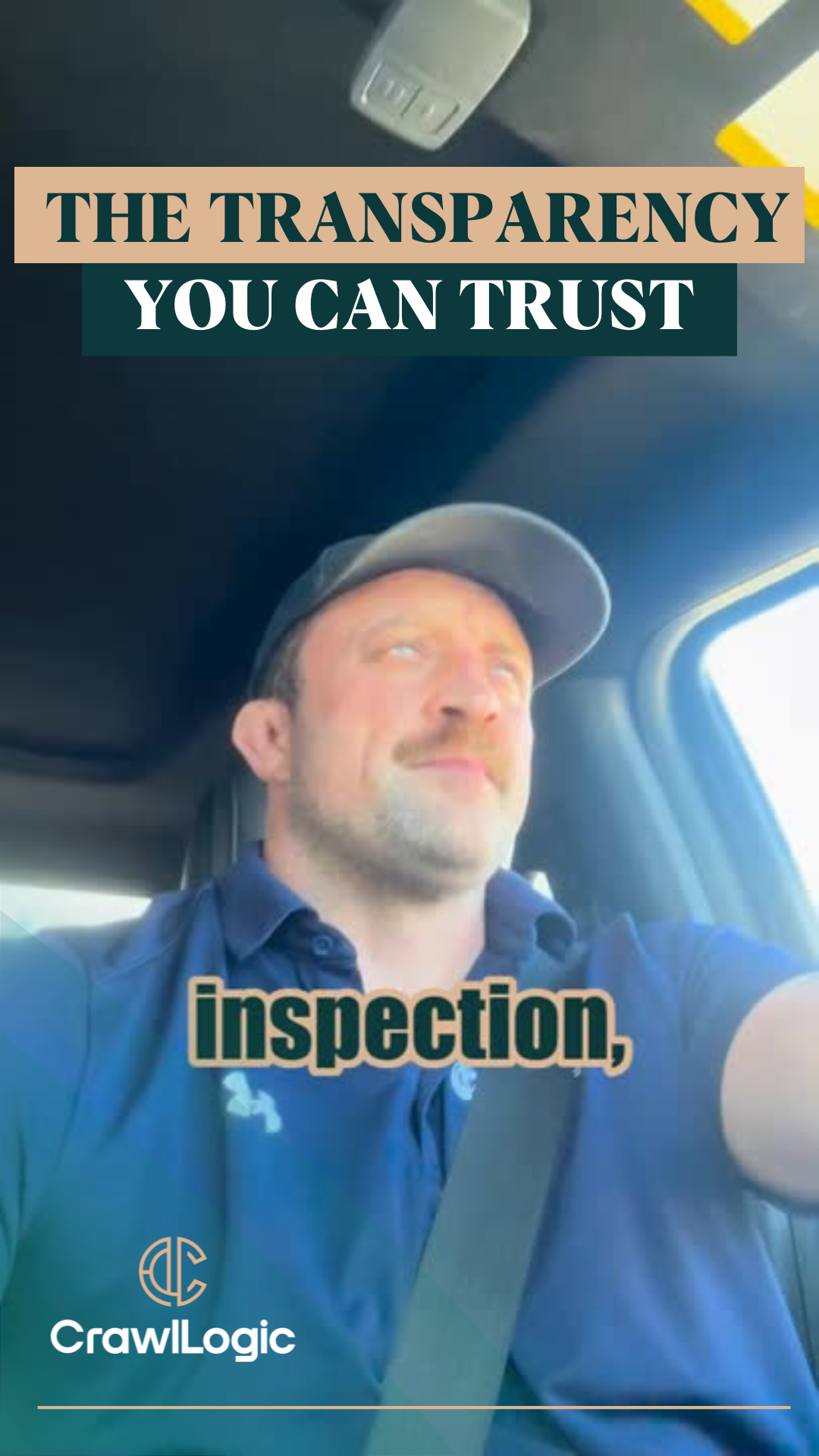 Man driving car, smiling, text overlay 