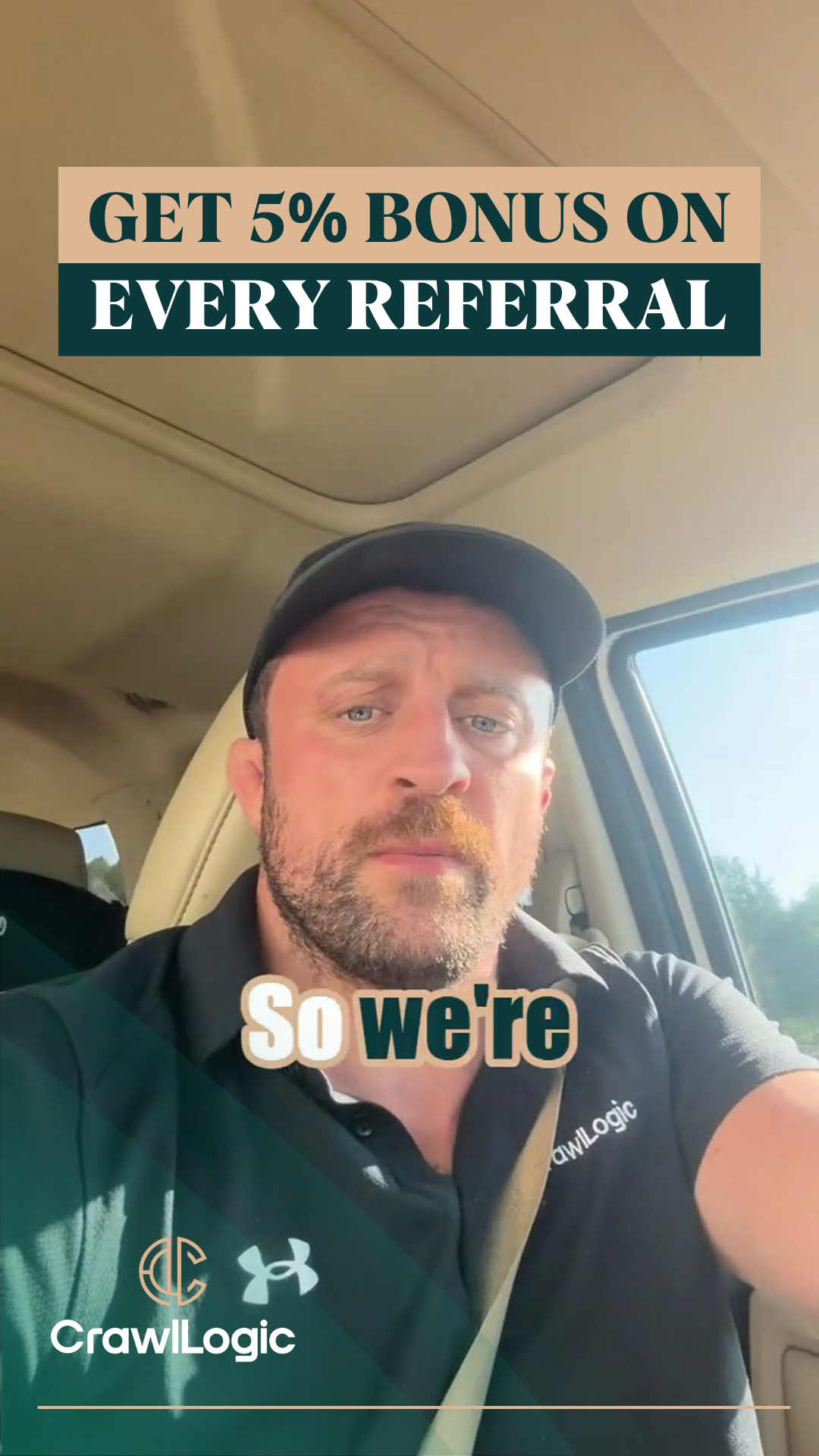 Man in car advertises 5% bonus on referrals for CrawlLogic, wearing a black shirt, neutral background.