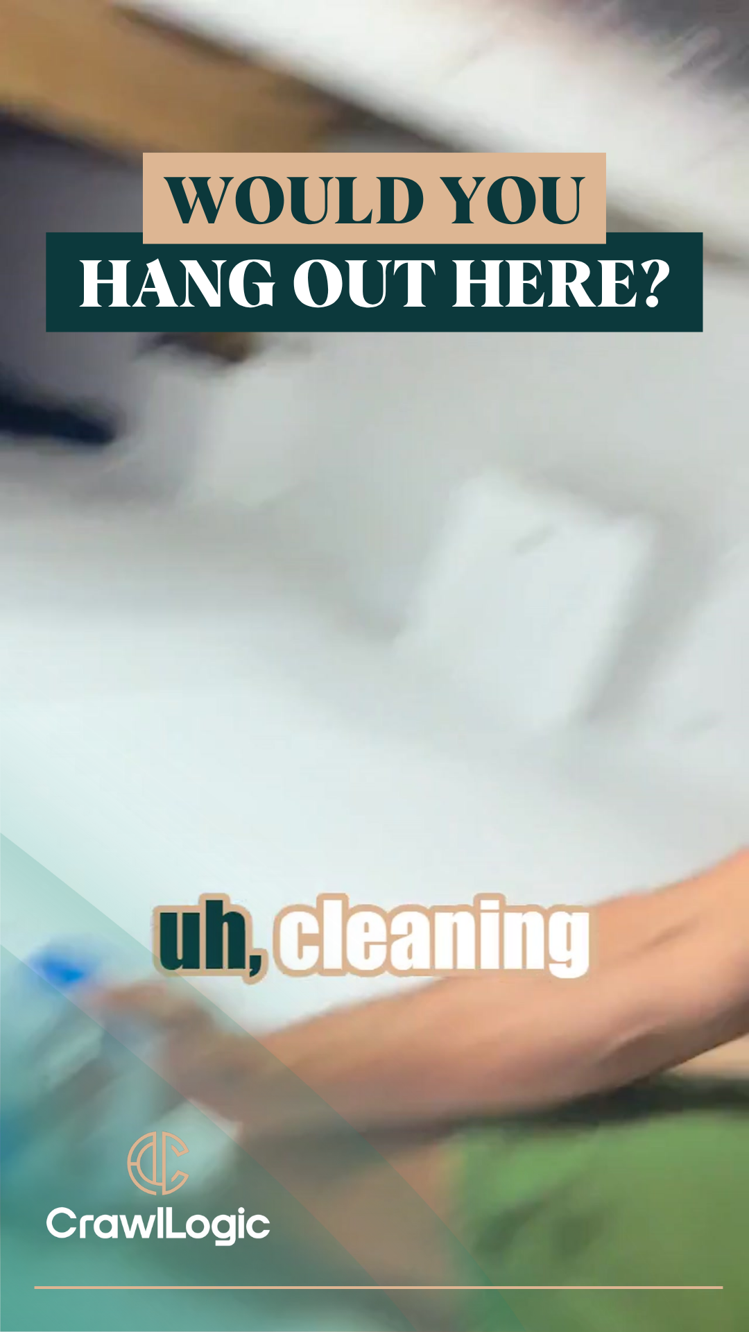 A person cleaning a white surface, with text