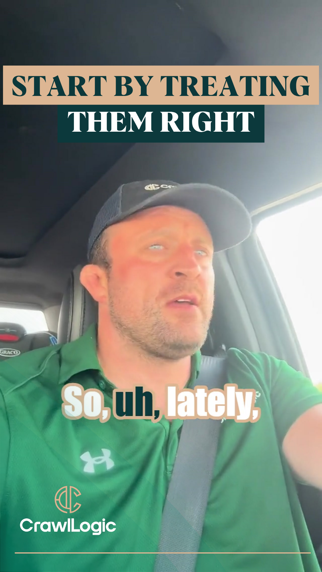 Man in a green shirt and cap speaking from a car. Text overlay reads 