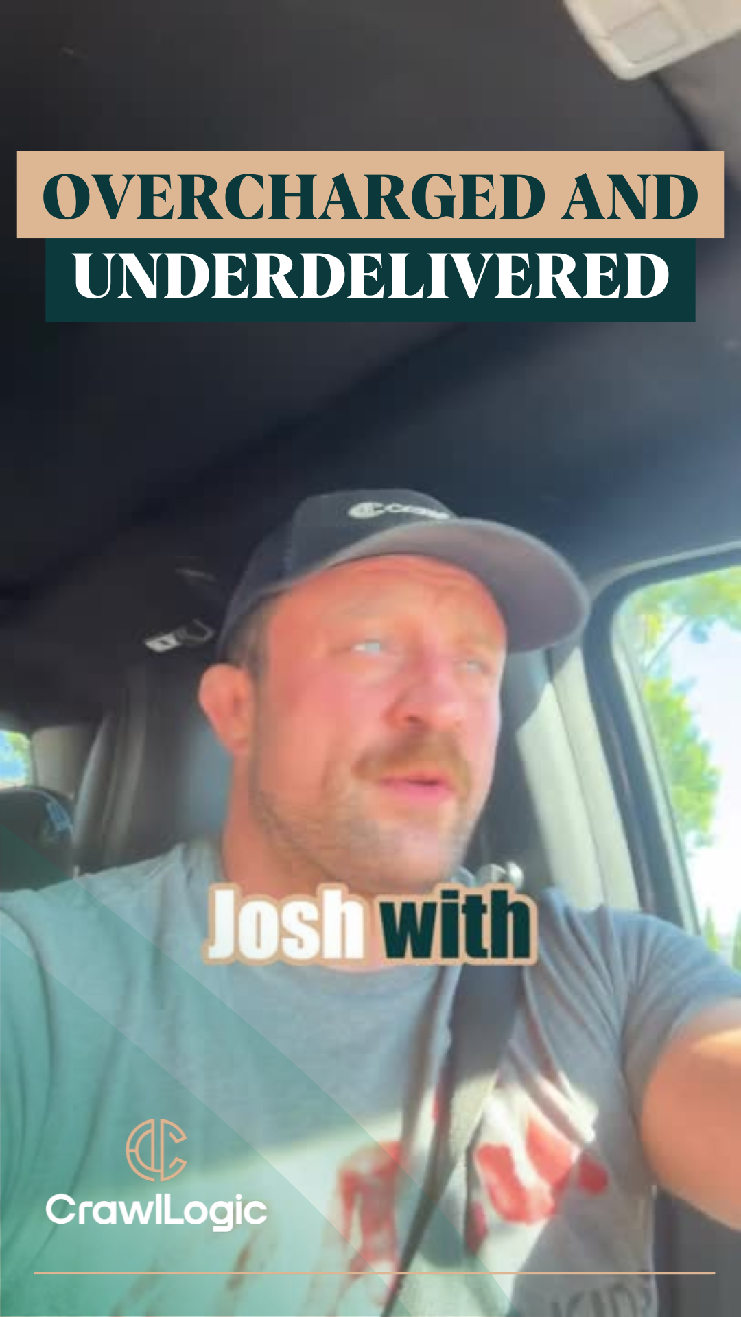 Man in car, text 