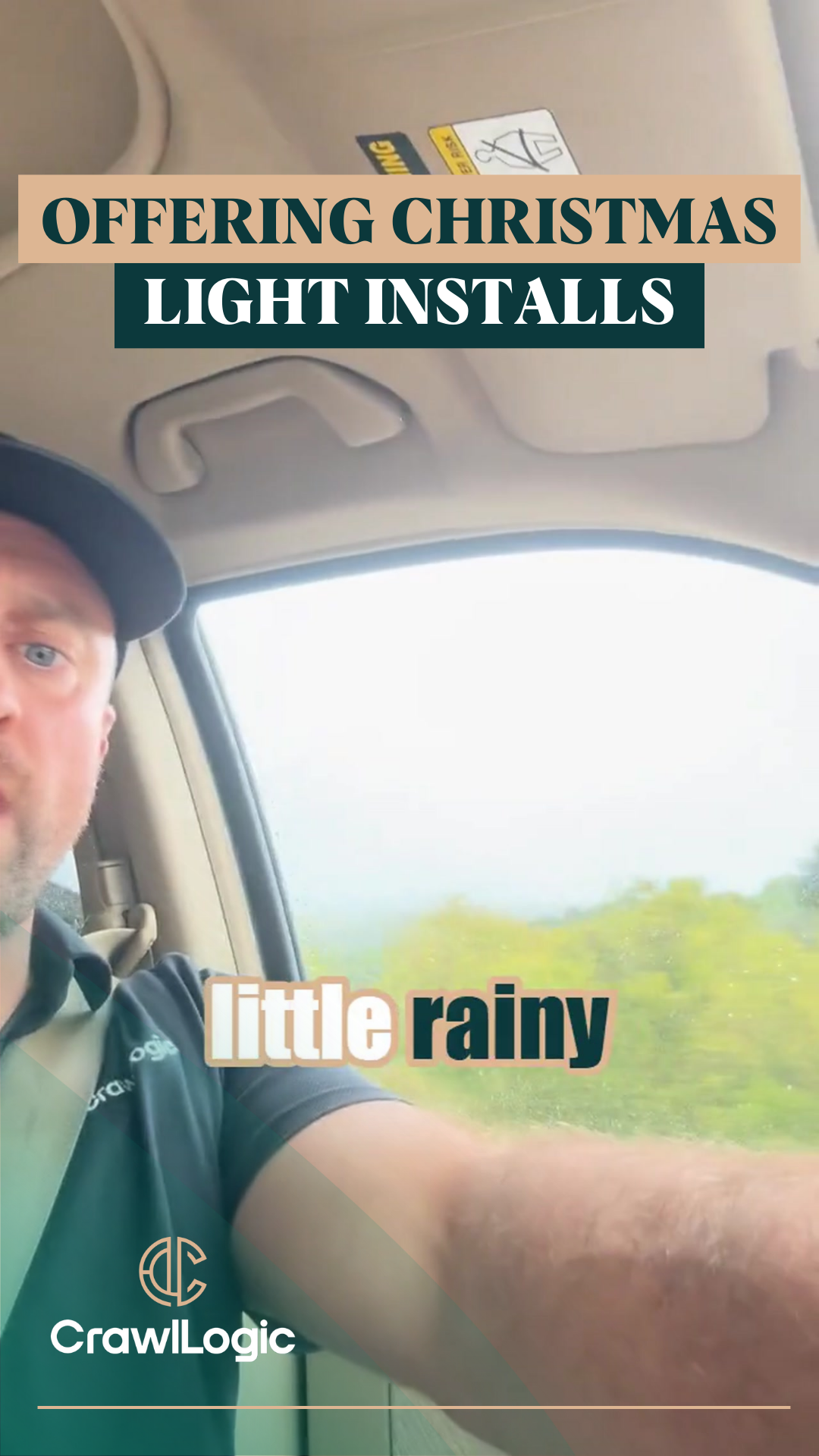 Man in car offering Christmas light installs on a rainy day.