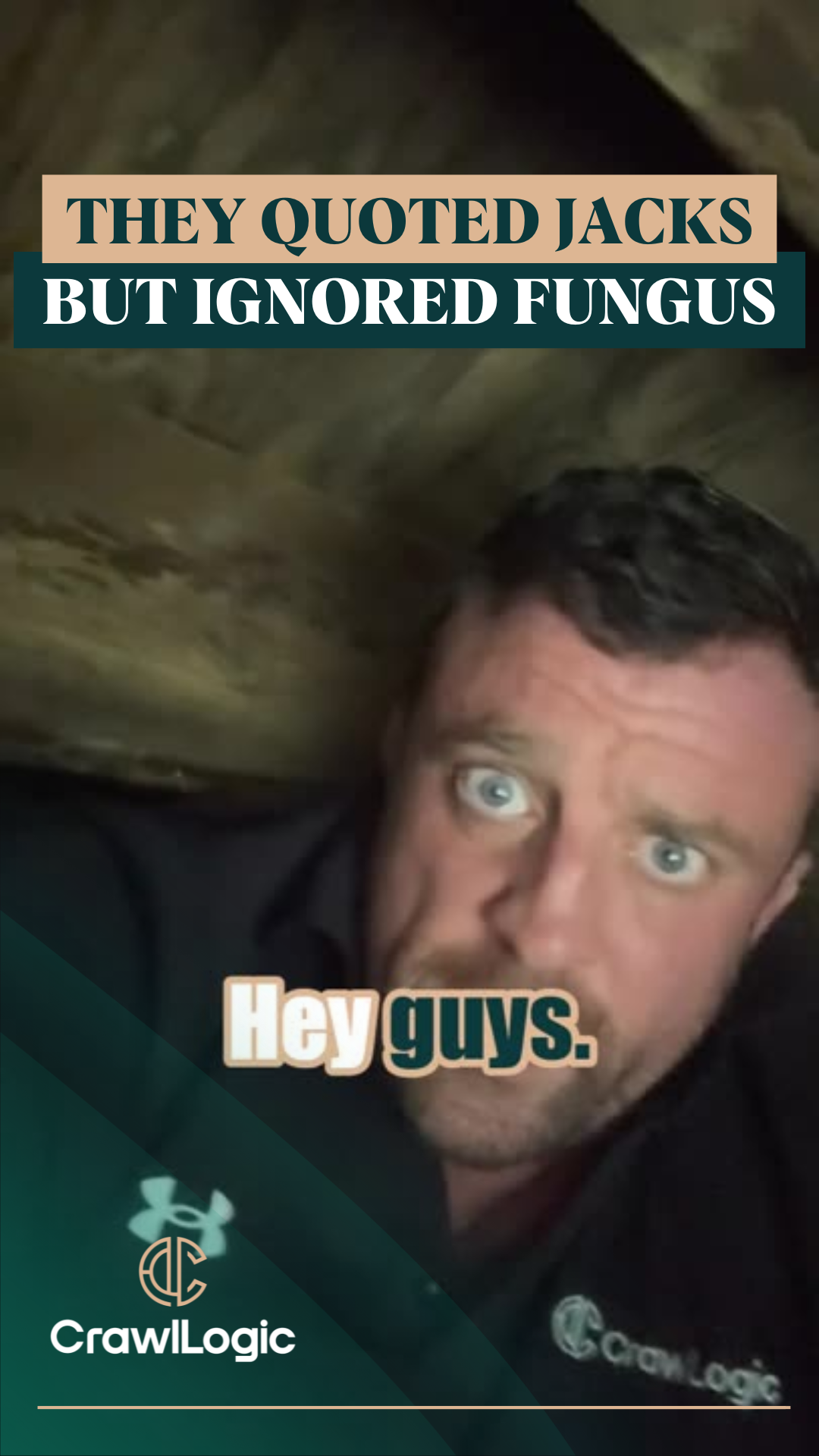 Man in dark crawl space, text: 