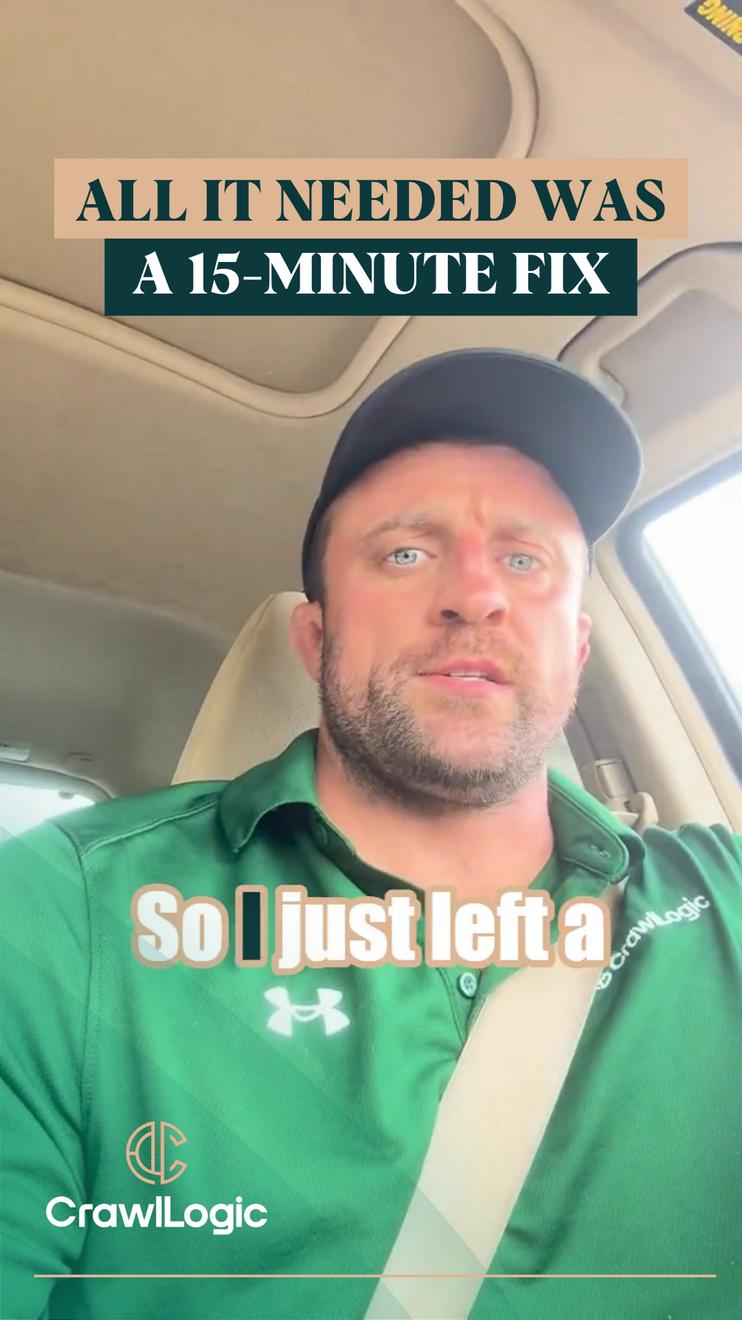 Man in car wearing green shirt and hat, text: 