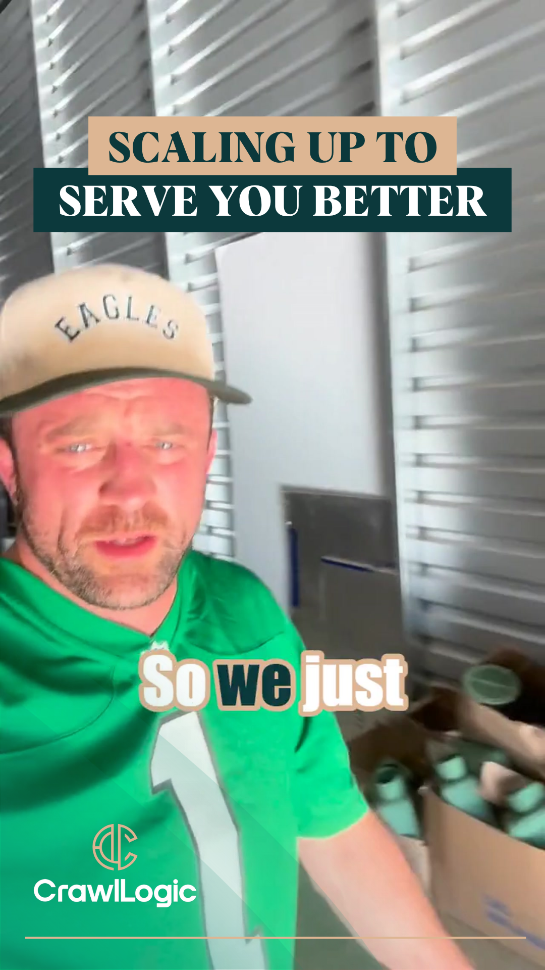 Man in green shirt and Eagles hat in storage unit, text