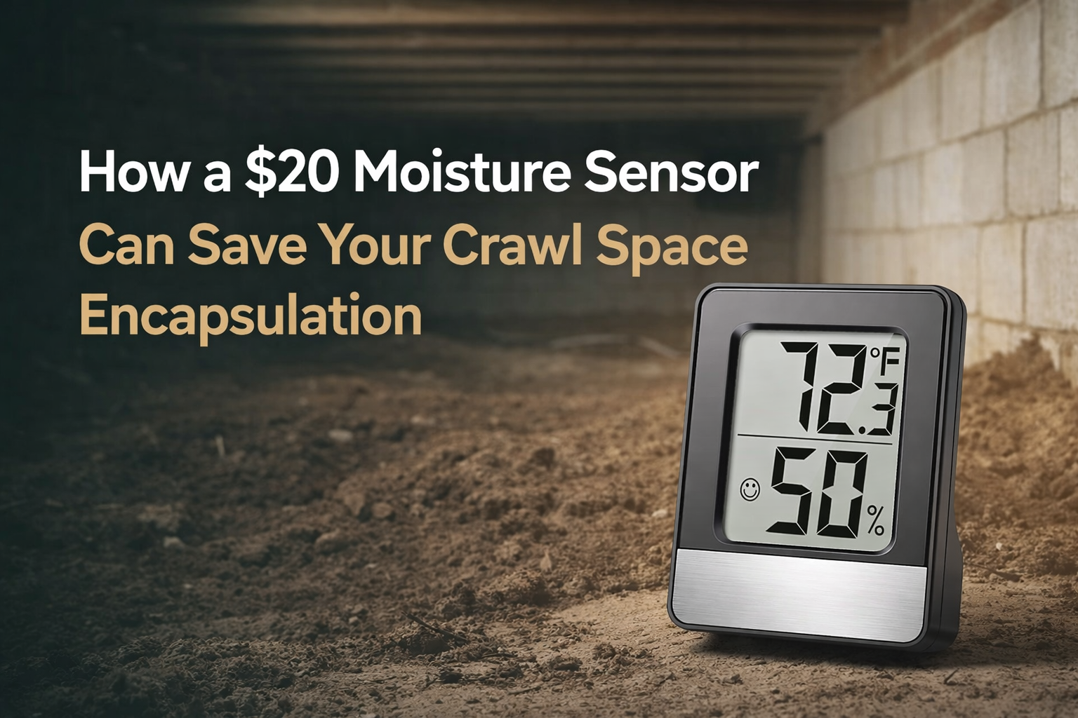 $20 moisture sensor in crawl space with overlay text “How a $20 Moisture Sensor Can Save Your Crawl Space Encapsulation”