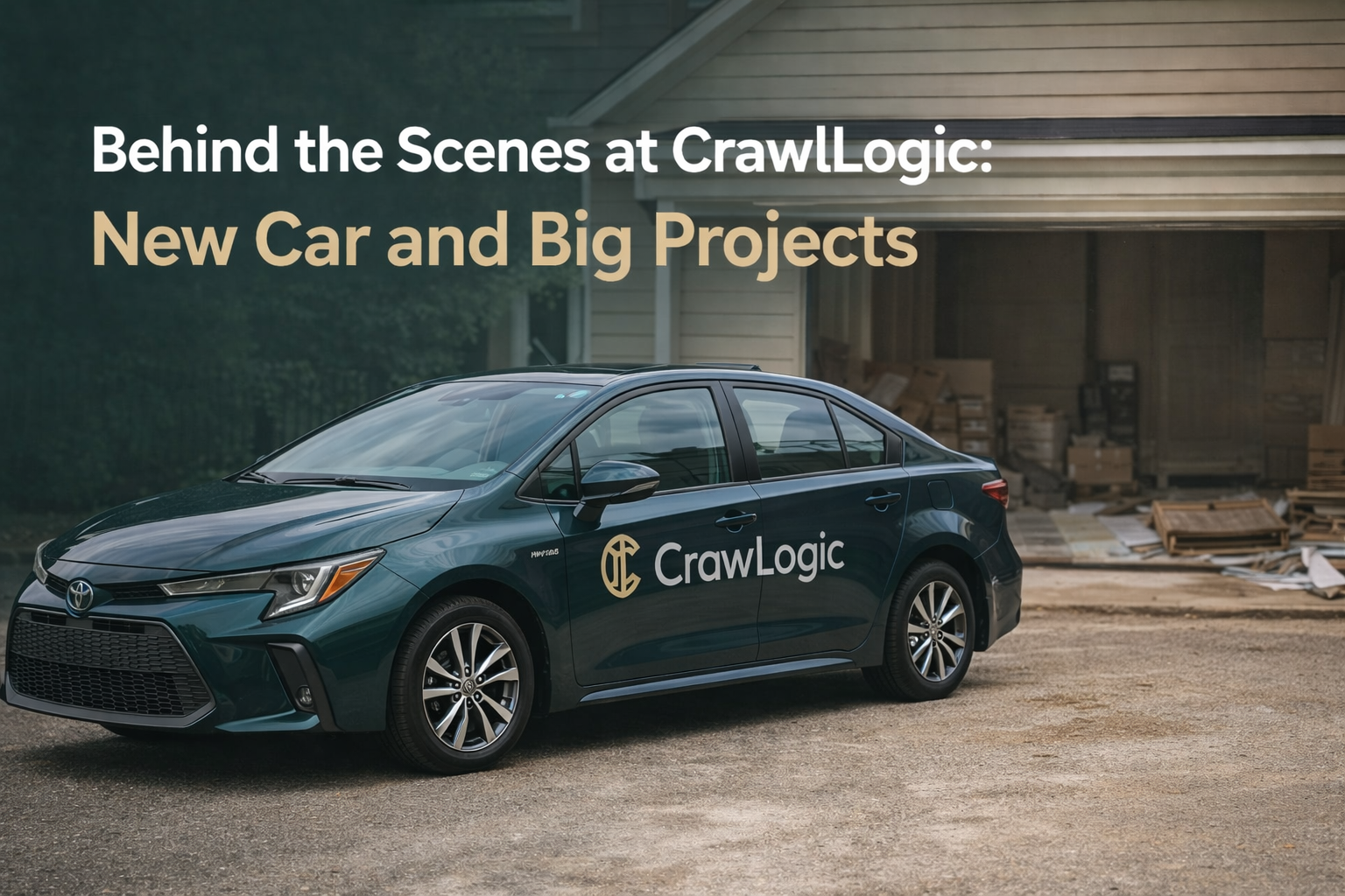 CrawLogic car parked in garage with text “Behind the Scenes at CrawlLogic: New Car and Big Projects”