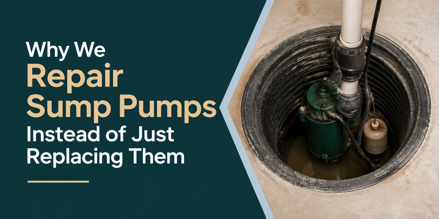 Repairing sump pumps in a basement drain, with text saying 