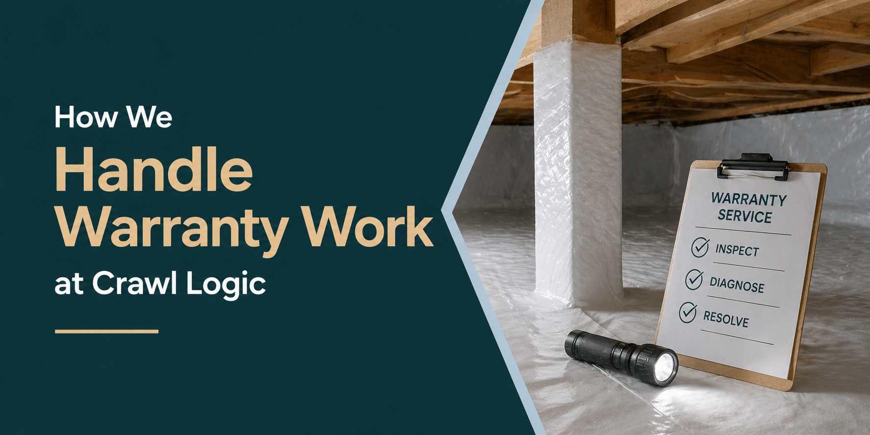 How We Handle Warranty Work at Crawl Logic with clipboard and flashlight on a concrete floor