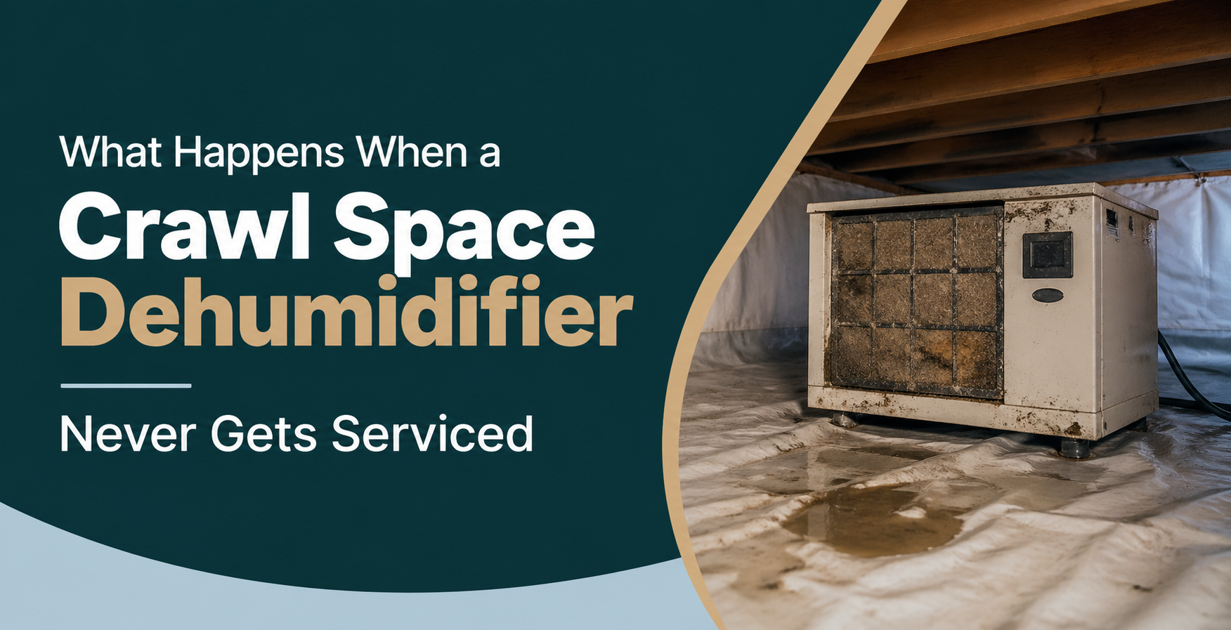 Crawl space dehumidifier beside a wet floor, with text reading “What Happens When Crawl Space Dehumidifier Never Gets Serviced”