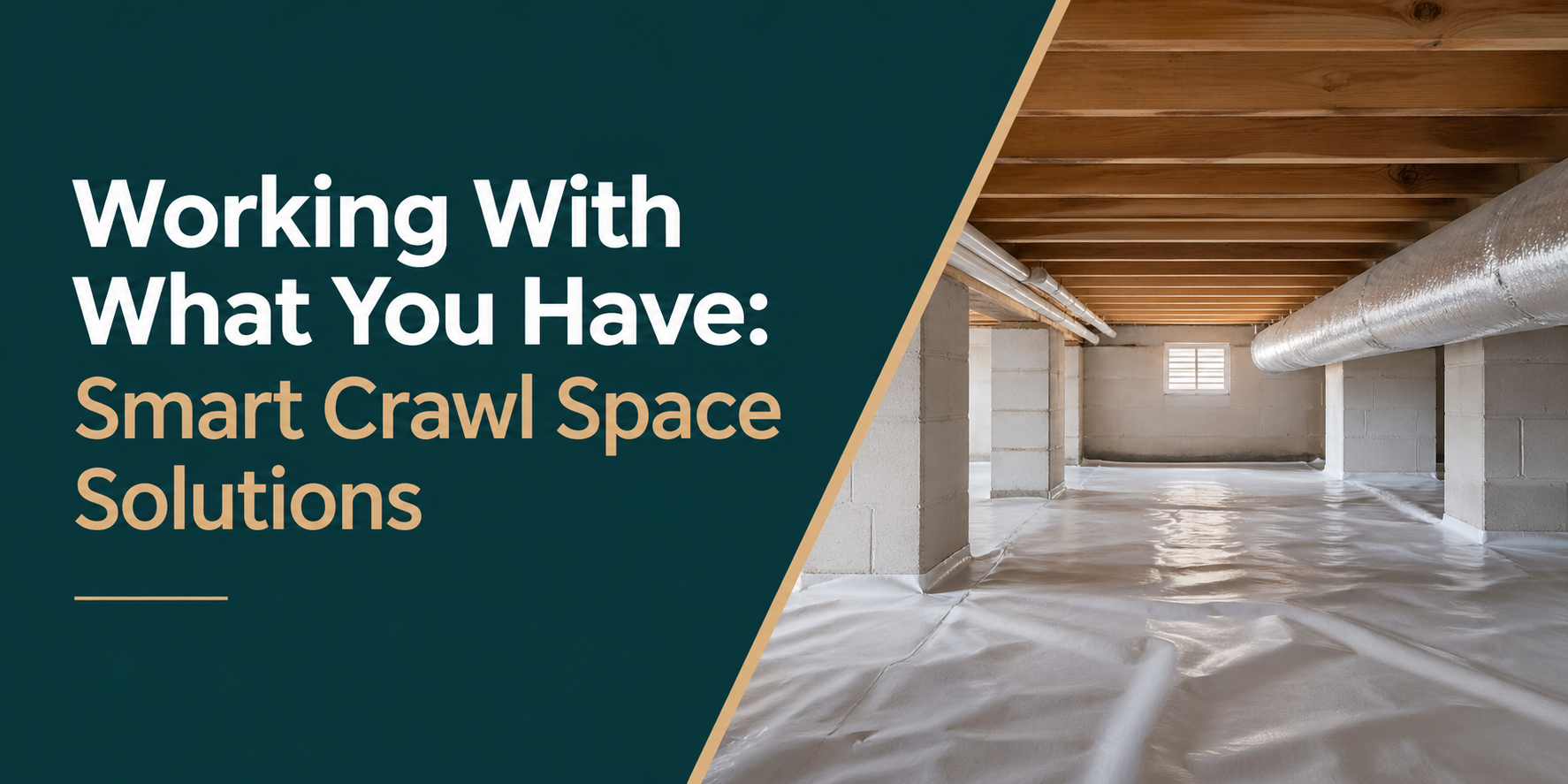 Crawl space with white vapor barrier and exposed joists, plus text: “Working With What You Have: Smart Crawl Space Solutions”